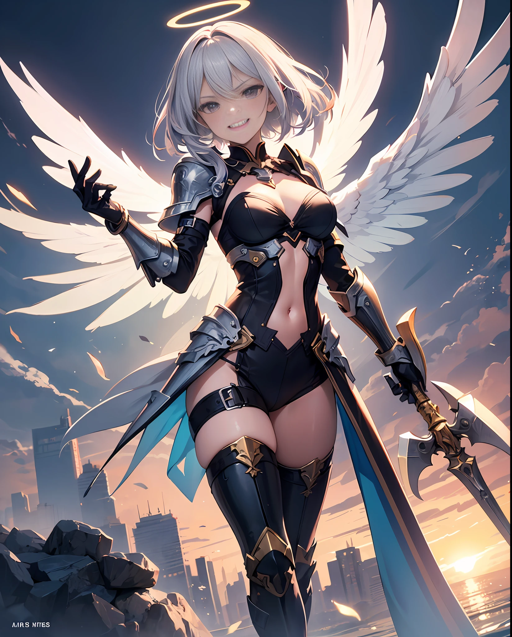 fantasy, 1angel_girl,child, loli,, medium_bob_hair, long_bangs, halo,bare_shoulder,thighhighs,silver_armor, waist_armor, large_breasts,angry,smile, grin,1pair_wings, dynamic_ pose_fighting,floating, bare_crotch, headgear,gauntlet, greaves,city_sky_background,slightly_spread_legs, solo, groin_naked,(masterpiece, best quality, best quality, official art, beautiful and aesthetic:1.2), (1 girl), very detailed,