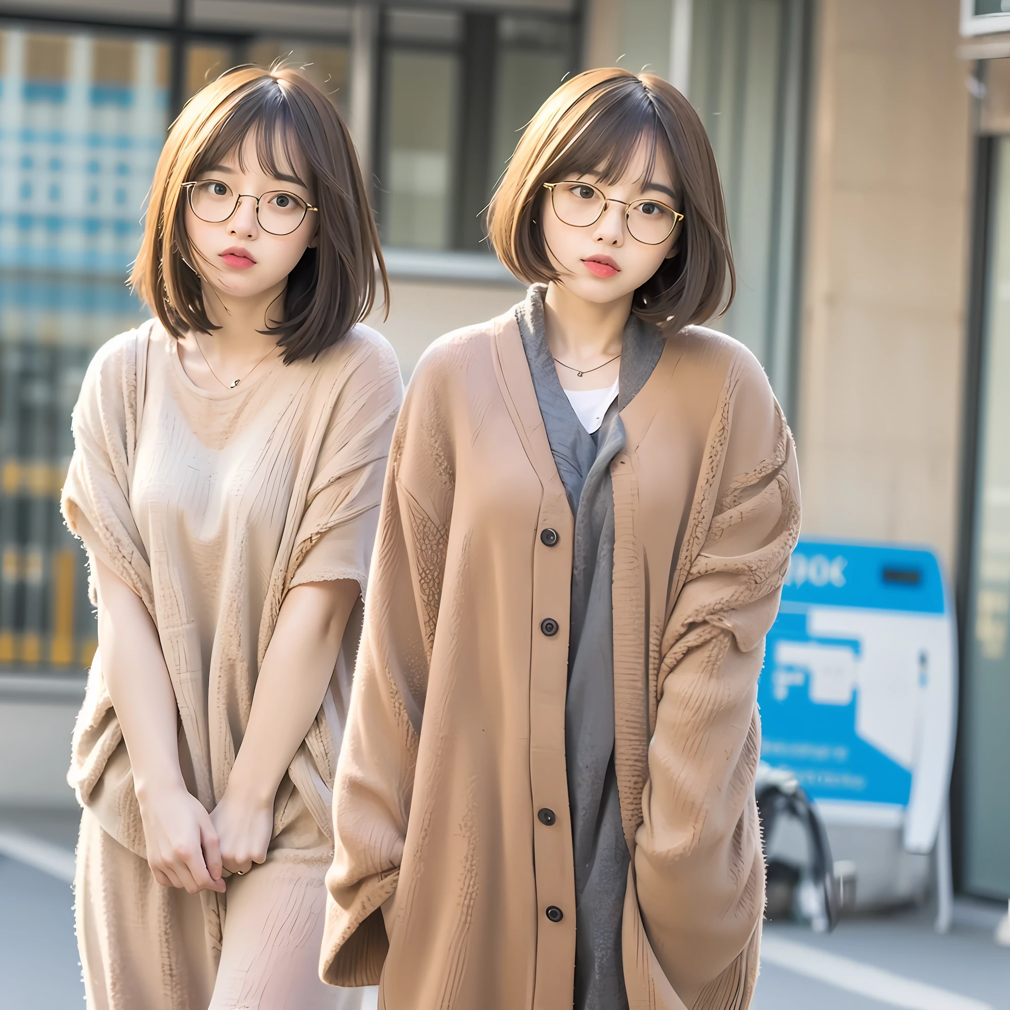Gold wire glasses Girls Short hair, slightly fat, bangs, slightly thick lips