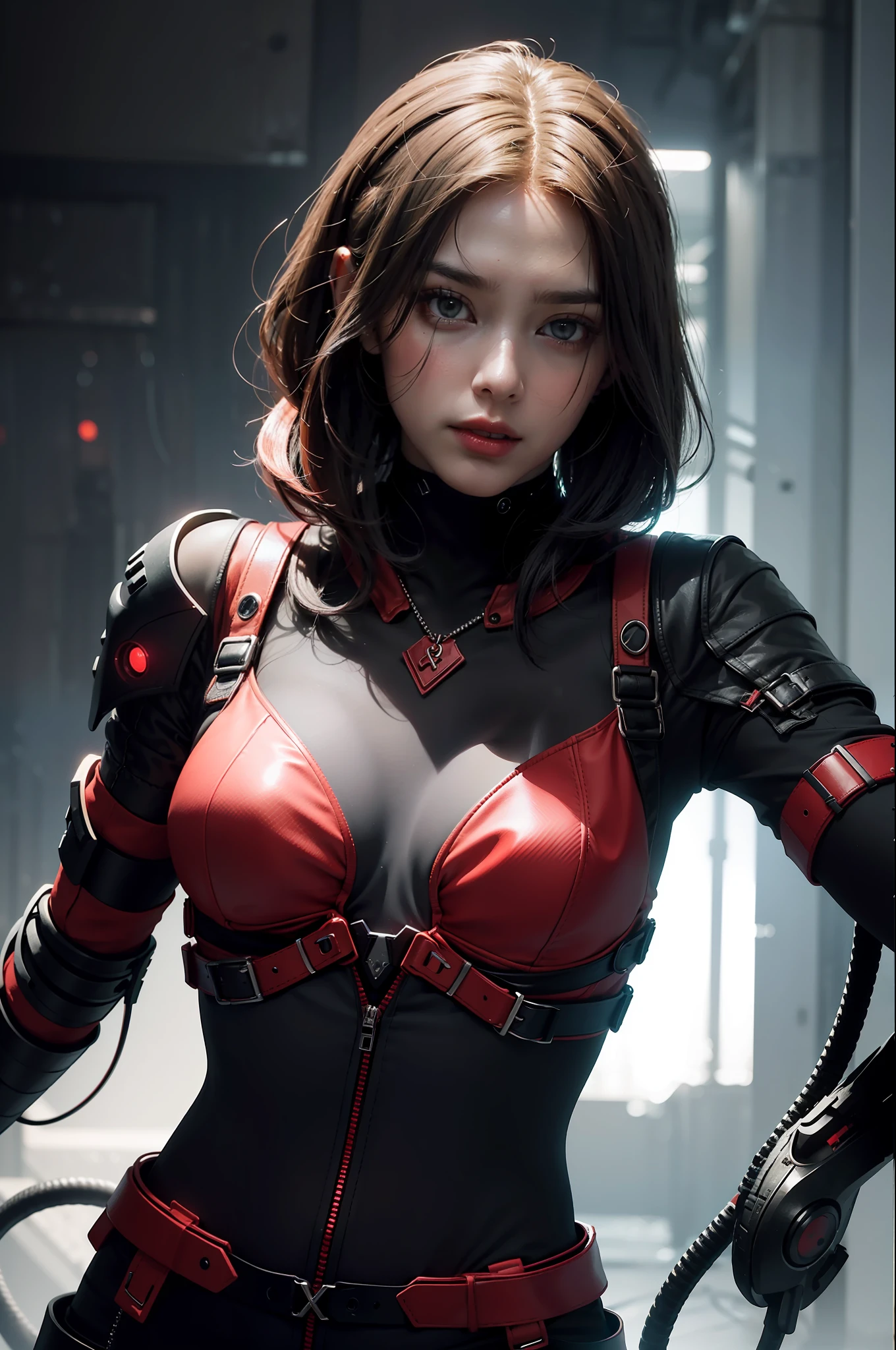 "Create an illustration of a red cyberpunk demon with a predominance of the color black, fully loaded with features of a state-of-the-art AI ready to destroy humanity."