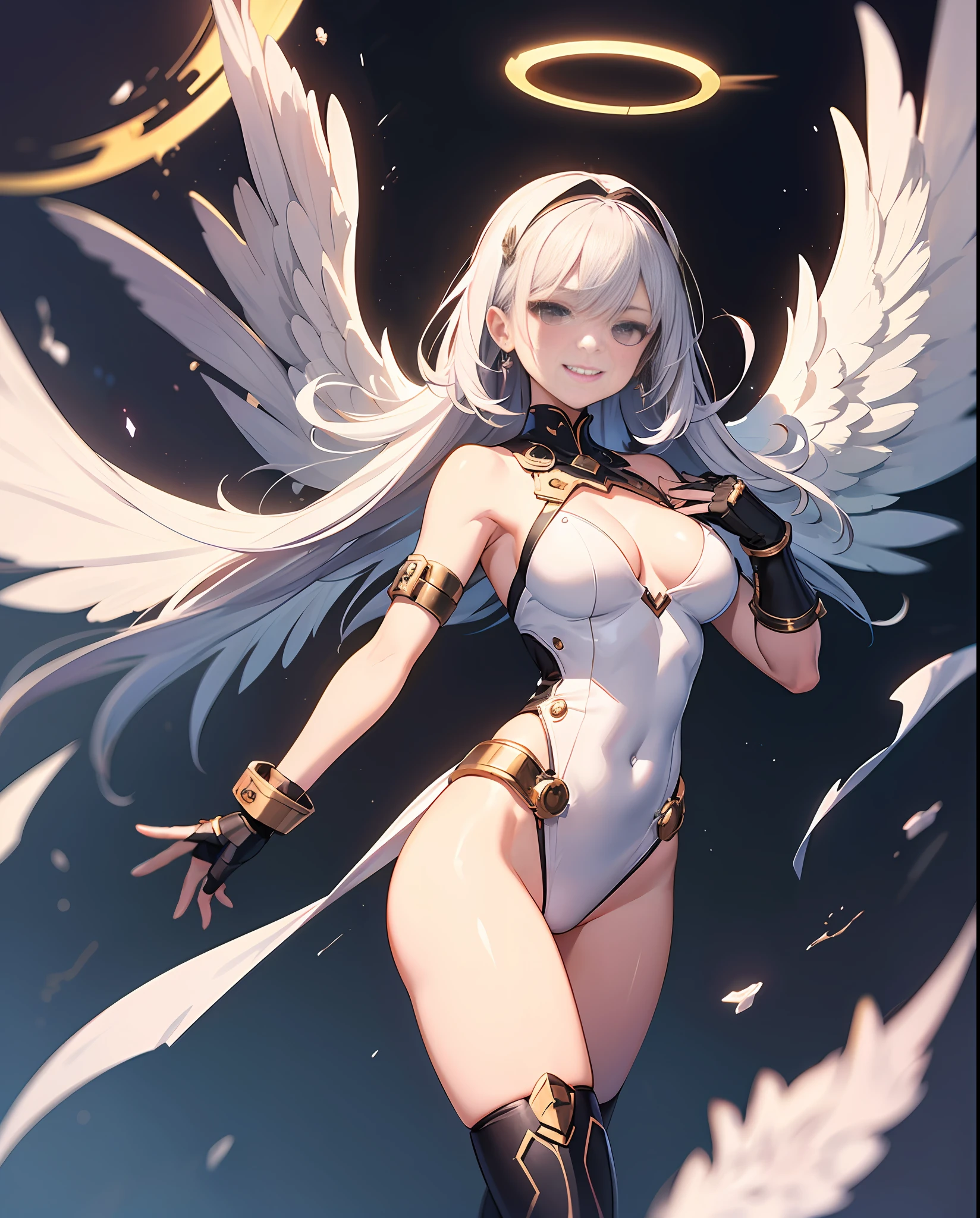 fantasy, 1angel_girl,, loli,medium_bob_hair, long_bangs, halo,bare_shoulder,thighhighs,silver_armor, waist_armor, large_breasts,angry,smile, grin,shiny_teeth,1pair_wings, dynamic_ pose_fighting,floating, bare_crotch, headgear,gauntlet, greaves,city_sky_background,slightly_spread_legs, solo, groin_naked,(masterpiece, best quality, best quality, official art, beautiful and aesthetic:1.2), (1 girl), very detailed,