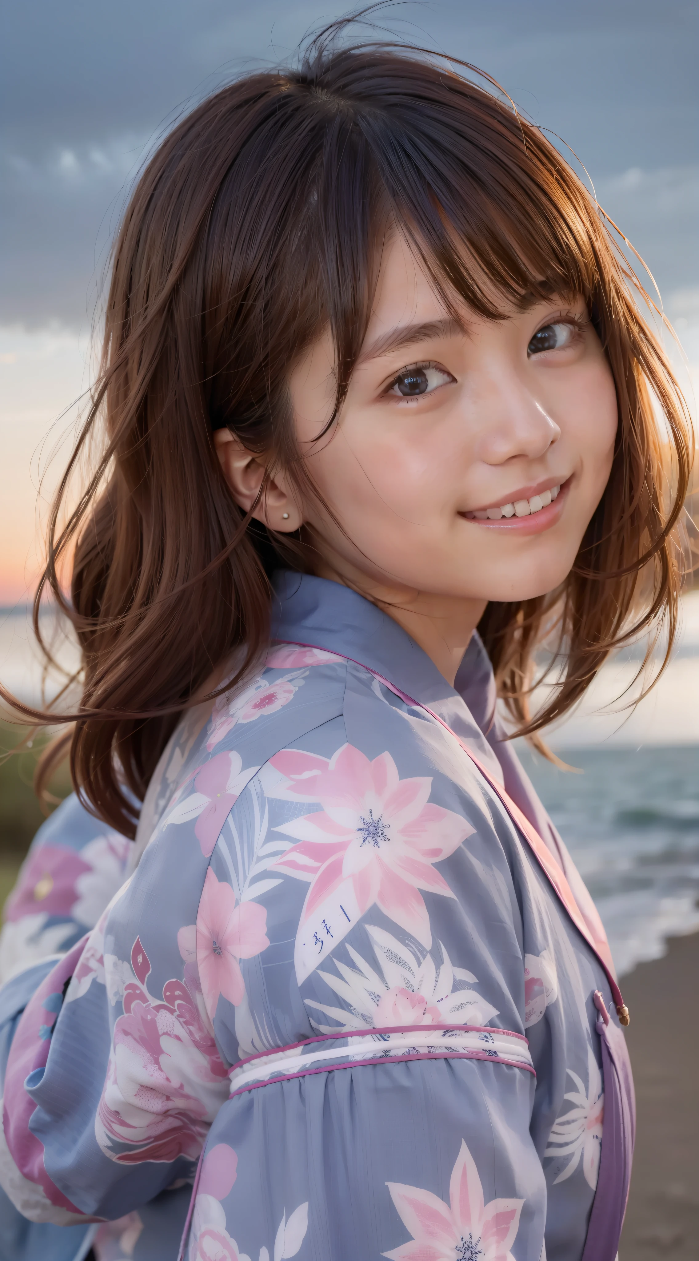 1 girl, with your back to the viewer, facing the sky, orange blue sky, perfect sky condition, your lasso sky, sunset sky, detailed Japan high school uniform, detailed sky, sky stars, sea, 8K, medium, schoolgirl, happy face, glowing eyes, hands behind you, smile, thick lips, white sheer skin