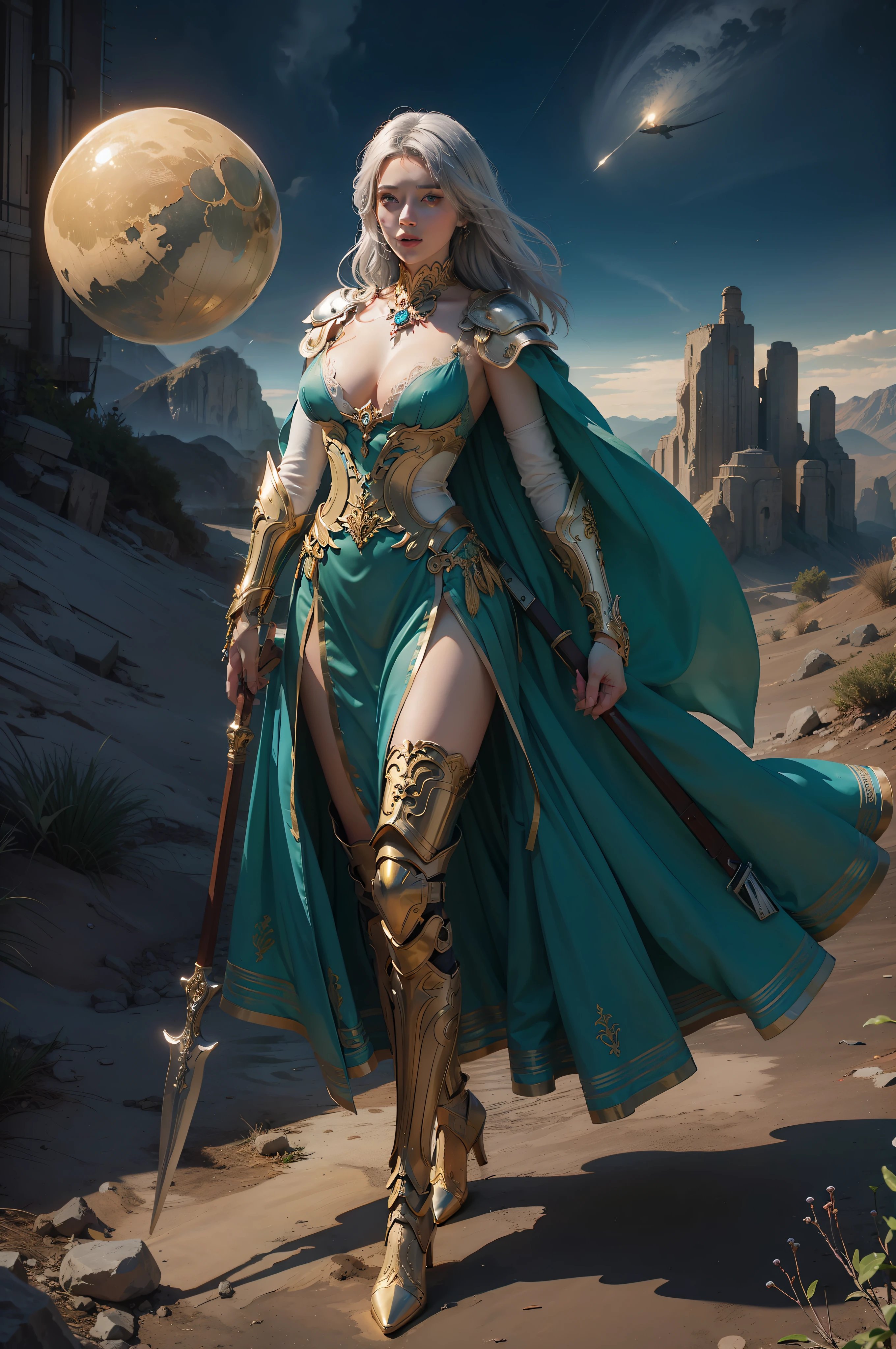 Angelic face, golden colored eyes, wearing technological iron mask, silver colored hair, breasts on display, intricate details, ultra detailed, 8k, realism.
