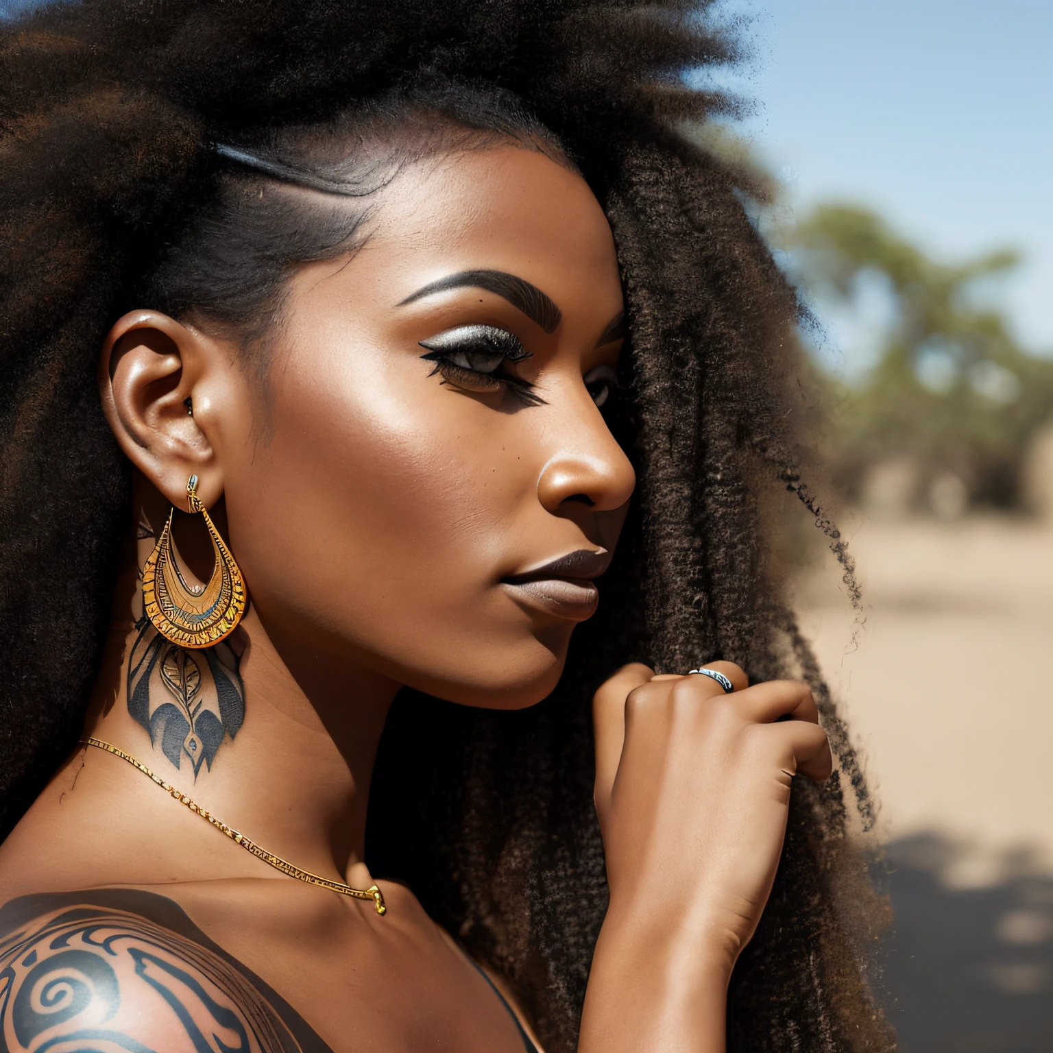 hyper realistic photograph, picture of a tattooed south American indigenous black woman, future punk, gold tattoo line, side profile, summer --auto