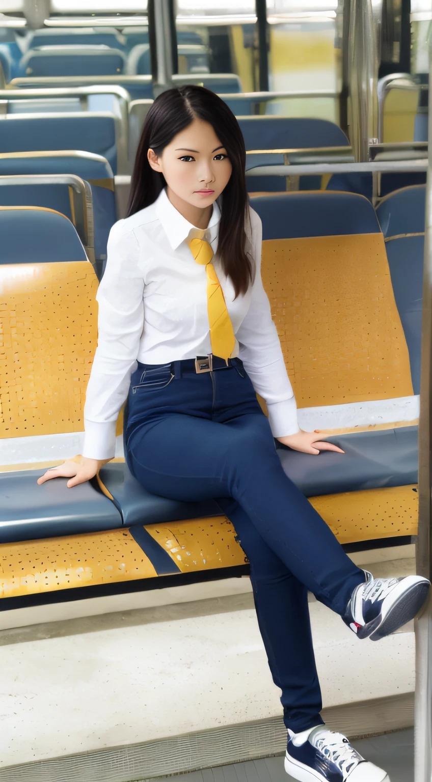 A long-legged woman in school uniform + blue skinny jeans + sneakers sits on a bus.