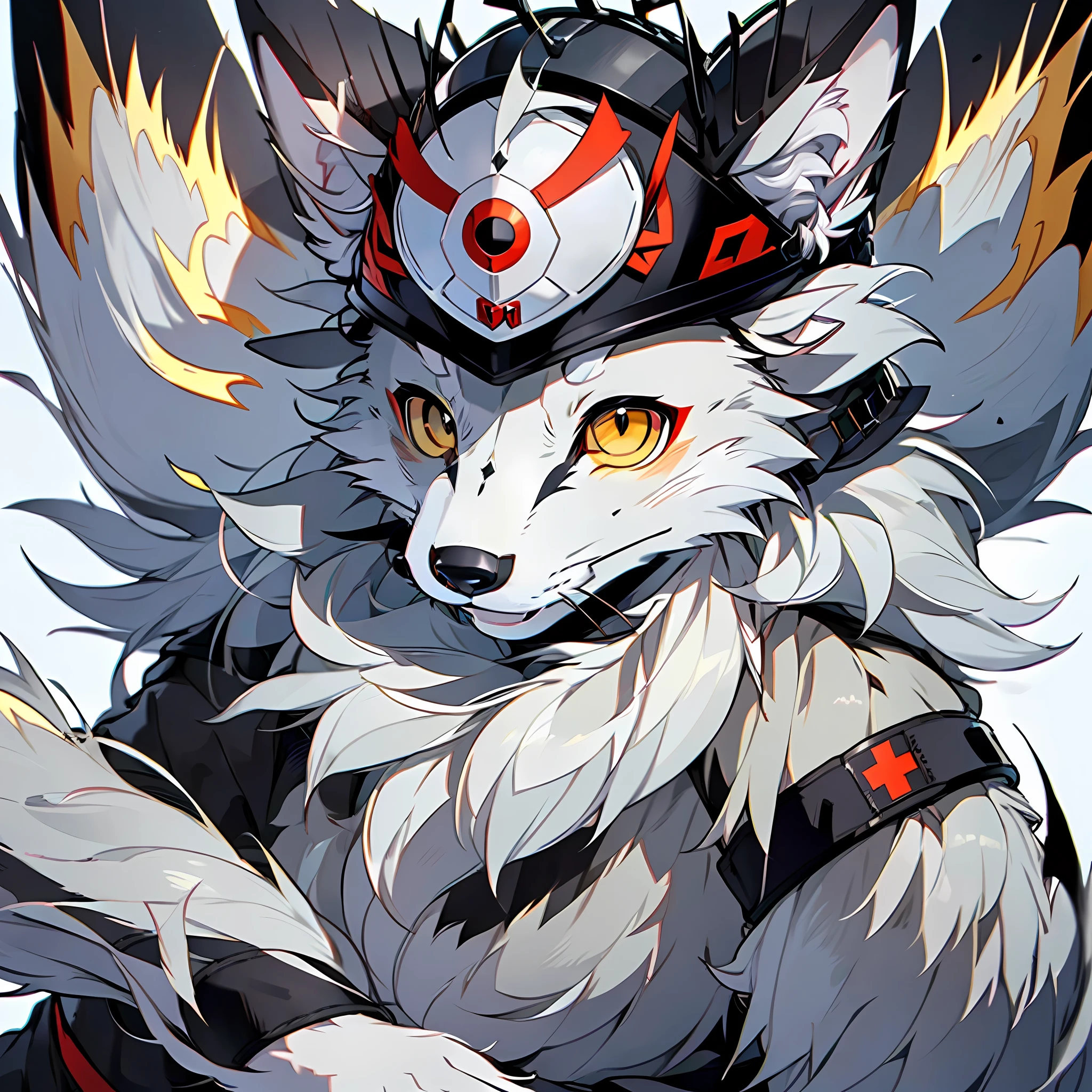 high detail, hyper quality, high resolution, 1080P, solo, furry, (male arctic fox: 1.5), (gray fur: 1.3), gray skin, gray ears, golden eyes, sharp claws, (fluffy tail: 1.2), ((in soldier attire))), ((wearing soldier's helmet)))