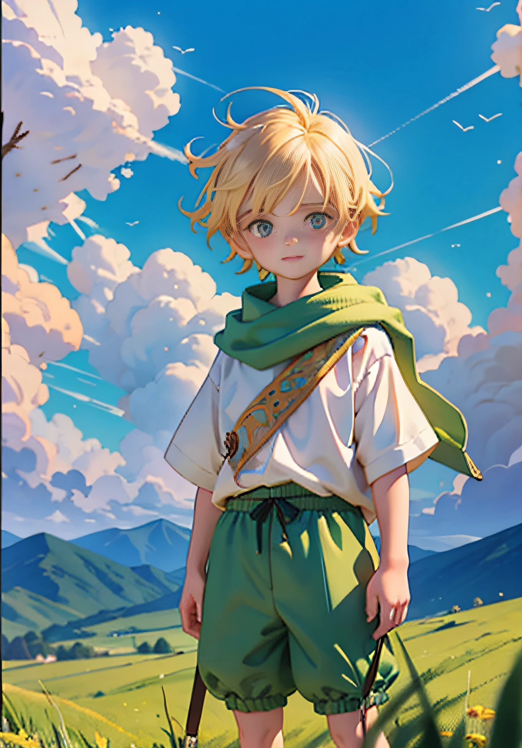 1 boy, 10 years old, cartoonish style 3 dende, short hair, blond hair, standing figure, grassland, facing the audience, hopeful, curious, blue sky in the distance, soft color, fine gloss, highest quality OC rendering, 4K, super detailed