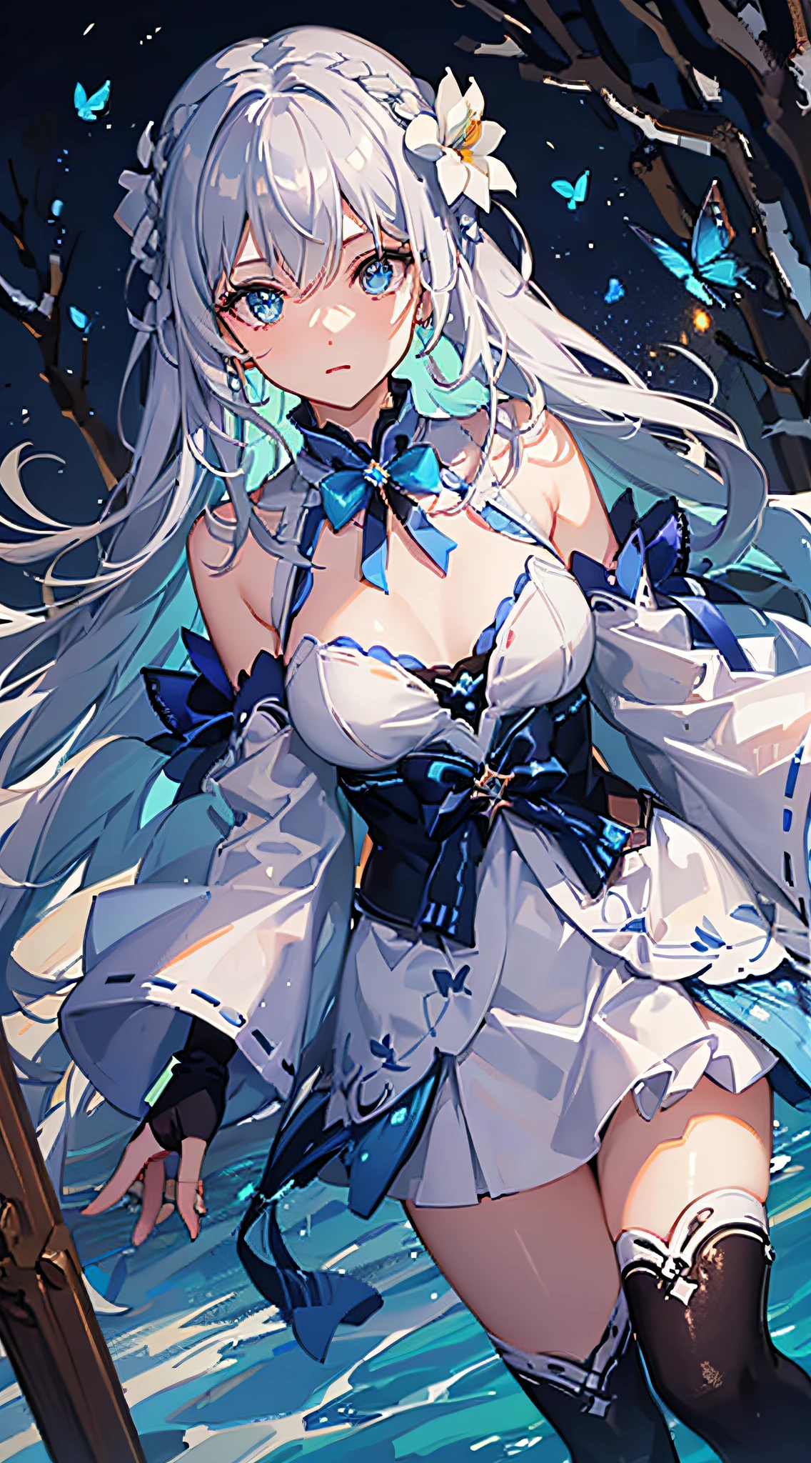 (Overhead view),dynamic angle,ultra-detailed, illustration, close-up, straight on, 1girl, (fantasy:1.4), (azure blue eyes:1.233),Her eyes shone like dreamy stars,(glowing eyes:1.233),(beautiful and detailed eyes:1.1),(Silver hair:1.14),(messy hair,very long hair,french braid,hair between eyes,sidelocks), (+(bule hair flower:1.14)),(chiffon dress,bule flower pattern in uniform)/=(military uniform:1.24),(detached sleeves,wide sleeves),(fingerless gloves),choker,(miko thighhighs),High heeled boots,(expressionless,closed mouth),(standing), (classical Princess boudoir with dressing tableand french windowin a white ancient palaces),(white flowers,bloom),(abysmal sea),(flowing water),(a dull blue world tree:1.14),(ruins),(night:1.2),dreamy,soul,(fluorescence),(flying translucent blue butterflies:1.15), [[delicate fingers and hands:0.55]::0.85],(detail fingers),(yubao:0.5),