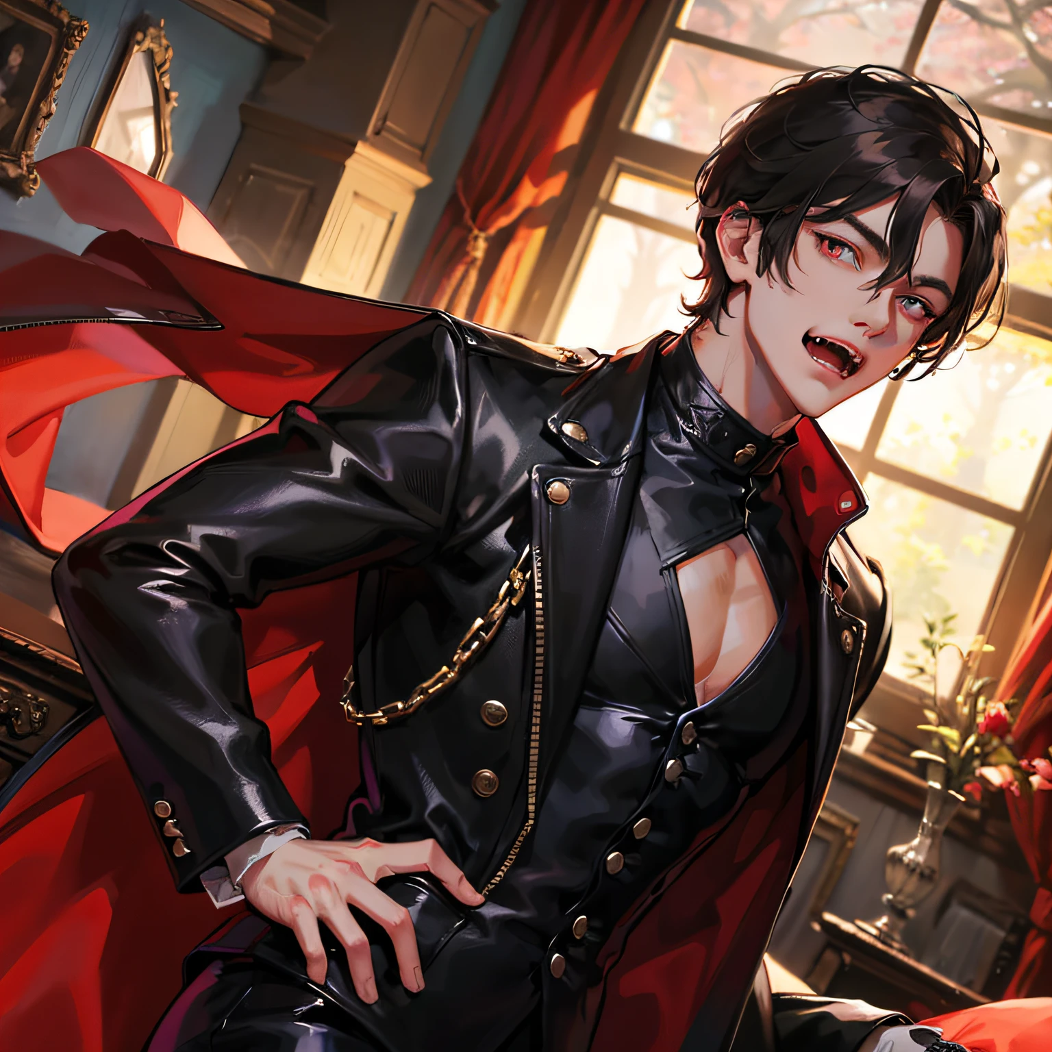 Absurd, high resolution, super detailed), 1 male, adult, handsome, tall muscular man, broad shoulders, black suit, scarlet eyes and delicate face, black hair, fantasy, vampire, fangs, fangs
