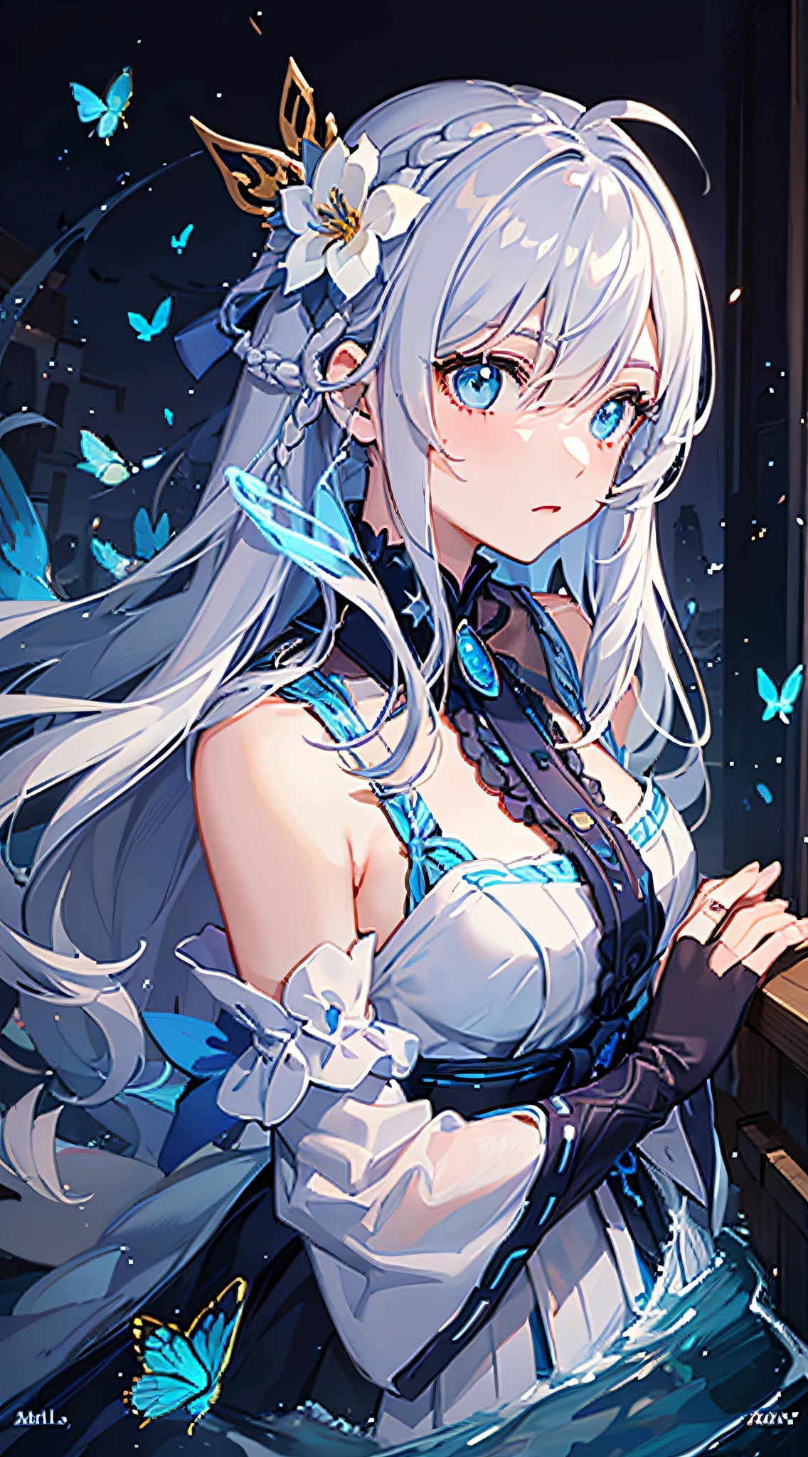 (Overhead view),dynamic angle,ultra-detailed, illustration, close-up, straight on, 1girl, (fantasy:1.4), (azure blue eyes:1.233),Her eyes shone like dreamy stars,(glowing eyes:1.233),(beautiful and detailed eyes:1.1),(Silver hair:1.14),(messy hair,very long hair,french braid,hair between eyes,sidelocks), (+(bule hair flower:1.14)),(chiffon dress,bule flower pattern in uniform)/=(military uniform:1.24),(detached sleeves,wide sleeves),(fingerless gloves),choker,(miko thighhighs),High heeled boots,(expressionless,closed mouth),(standing), (classical Princess boudoir with dressing tableand french windowin a white ancient palaces),(white flowers,bloom),(abysmal sea),(flowing water),(a dull blue world tree:1.14),(ruins),(night:1.2),dreamy,soul,(fluorescence),(flying translucent blue butterflies:1.15), [[delicate fingers and hands:0.55]::0.85],(detail fingers),(yubao:0.5),