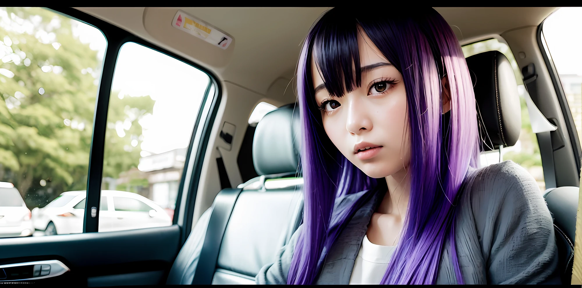 Japanese purple haired woman inside taxi