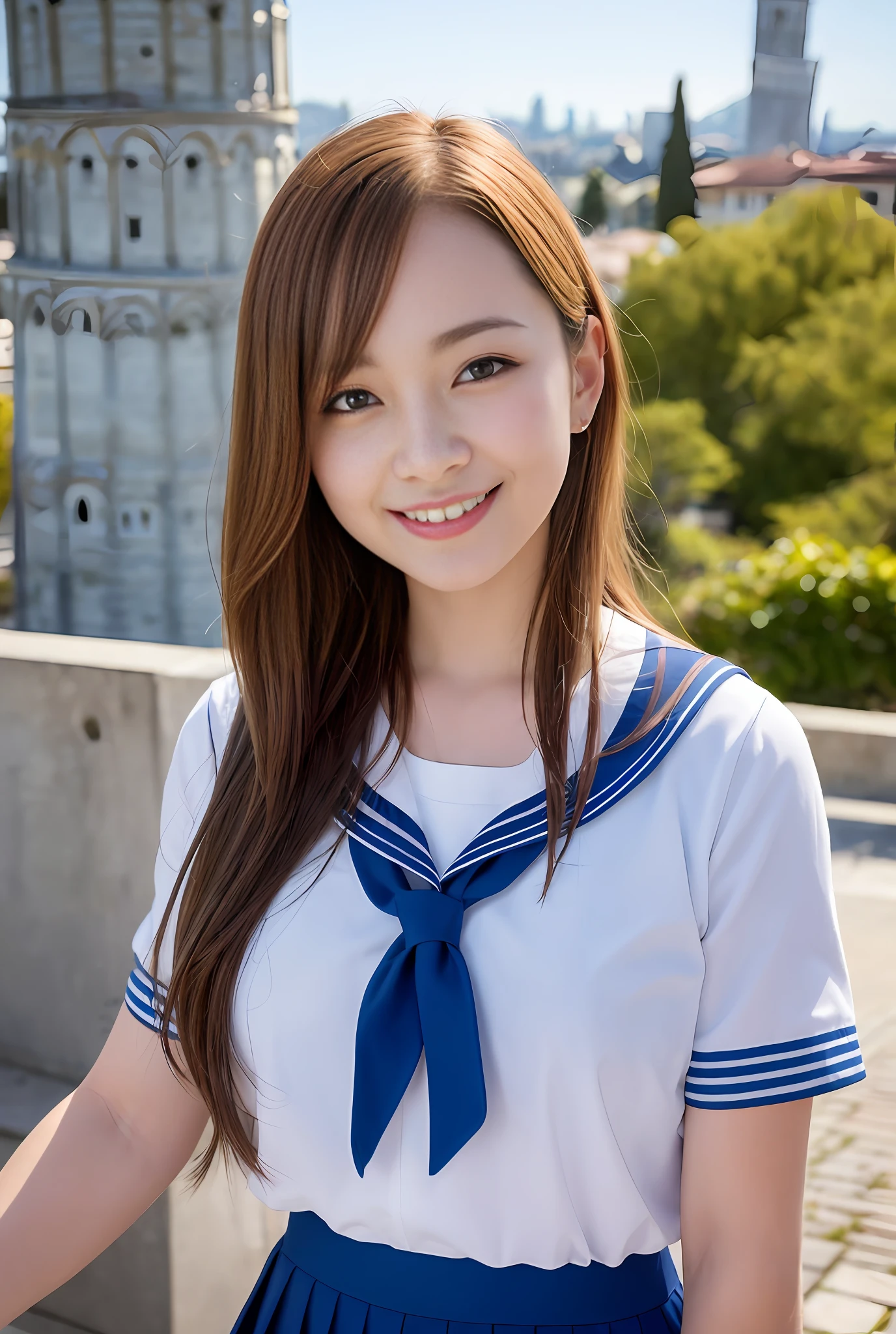 1woman, cute, 26 years old, smiling, look at viewer, sailor uniform,(Leaning Tower Of Pisa background),seifuku, photo, realistic, best quality, hires, detailed face, classroom, detailed background, diffused lighting, depth of field, bokeh