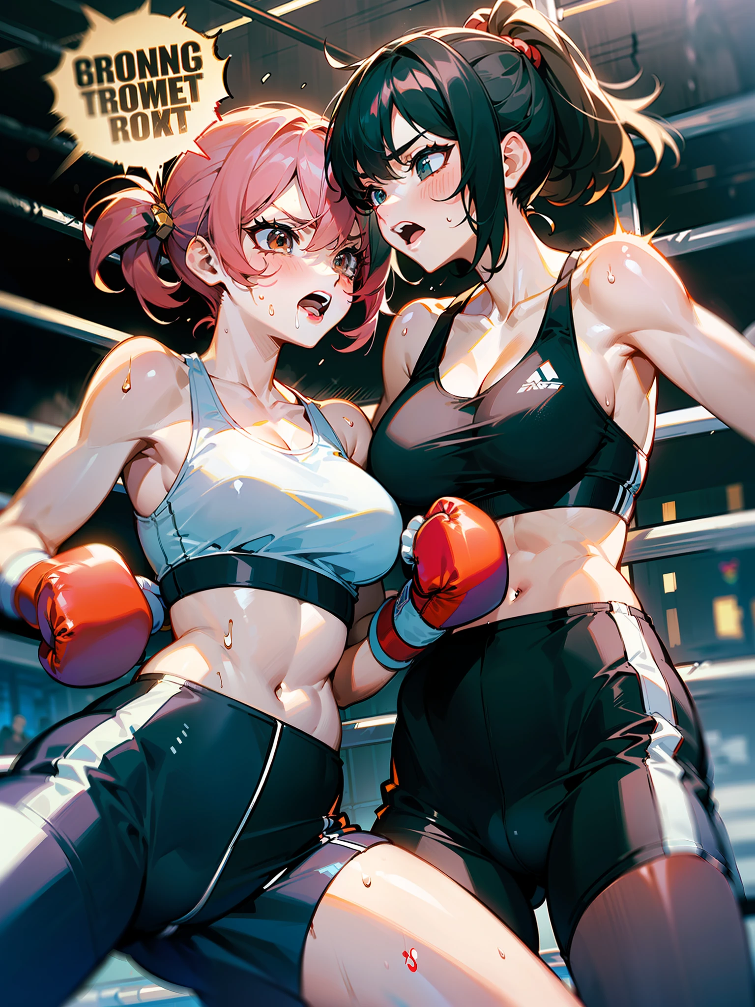 Two female boxers, one female boxer is punching, the other female boxer is being pounded properly, one-sided development, female boxing match, bang, punch hits, (((two women)), sports bra, leggings, boxing gloves, fist strike, rope, cornered, boxing ring rope, sweat all over body, visible damage, The two are facing each other, no third person