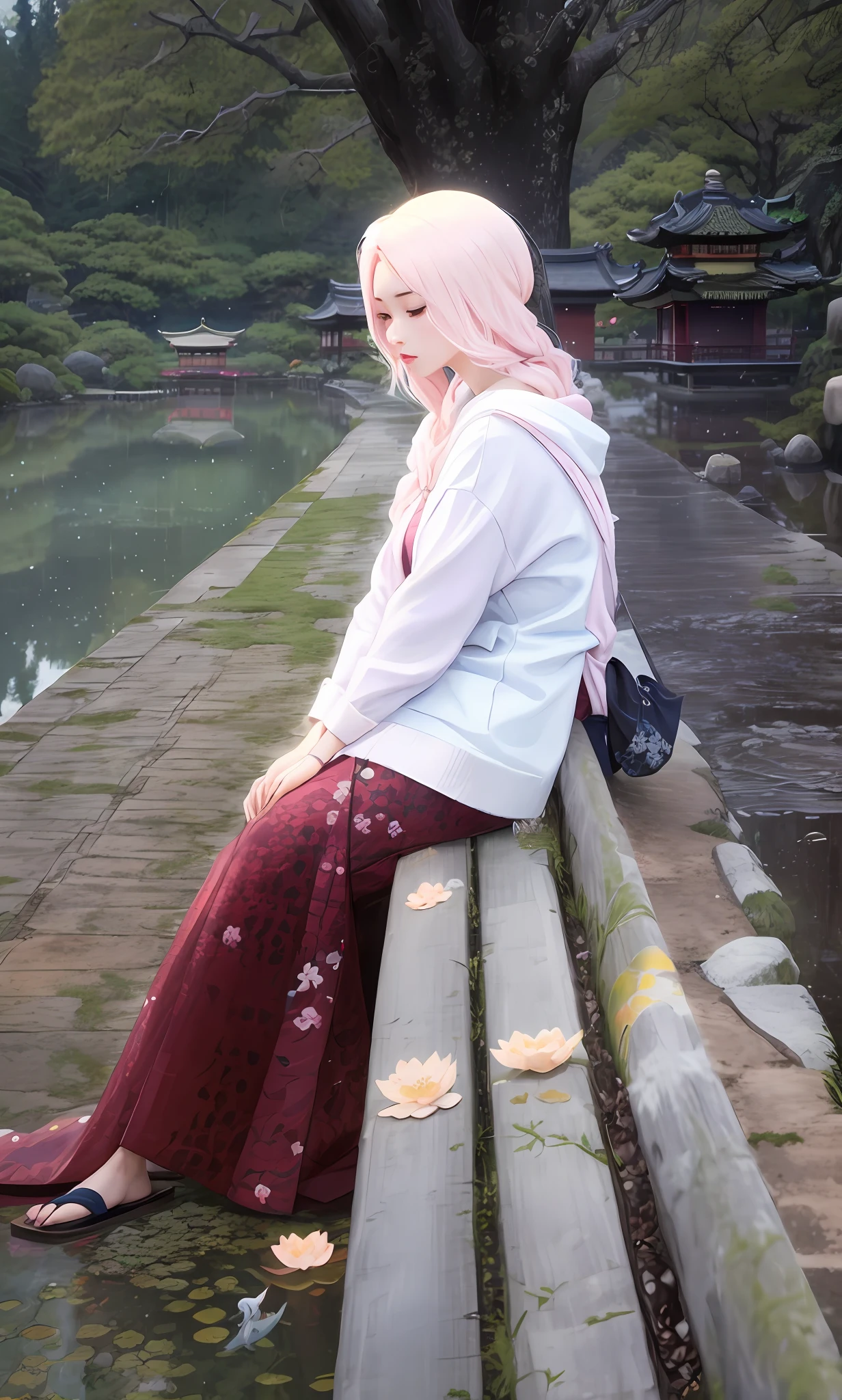 (digital painting),(best quality), serene Japanese garden, cherry blossoms in full bloom, koi pond, footbridge, pagoda, Ukiyo-e art style, Hokusai inspiration, Deviant Art popular, 8k ultra-realistic, pastel color scheme, soft lighting, golden hour, tranquil atmosphere, landscape orientation