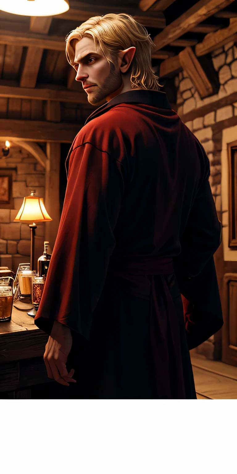Strong male elf in a tavern with blonde hair, medieval expensive robes, With a lute hanging from the back (masterpiece) (best quality) (detailed) (8k) (cinematic lighting) (sharp focus) (intricate)