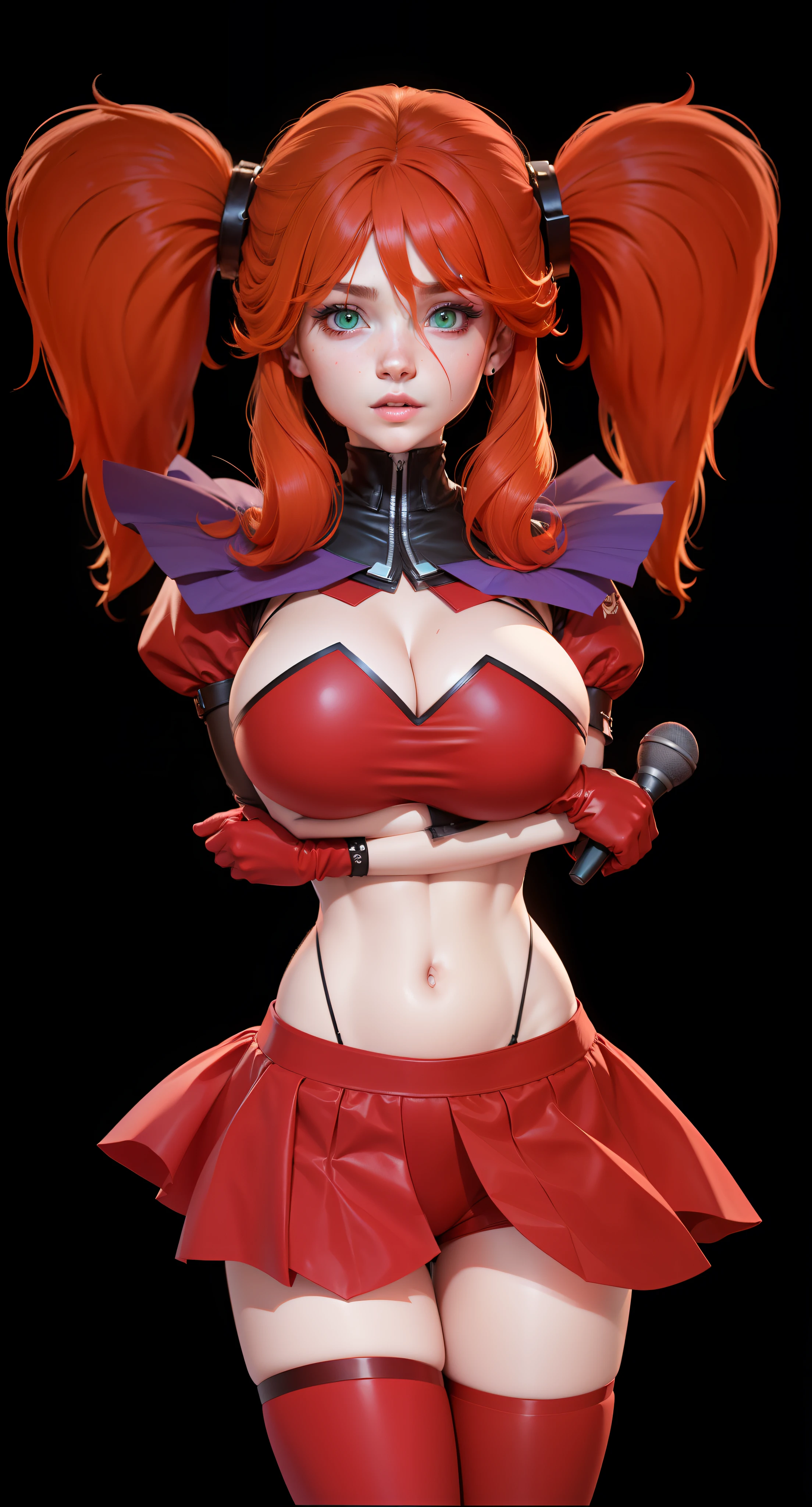 Beautiful clownness, red hair, hairstyle, ponytails, huge sexy lush breasts, beautiful sweet tummy, cute face, green eyes, correct facial features, holding a microphone in her hand, arms crossed under her breasts, 3D rendering, hyper-detailing, hyperrealism