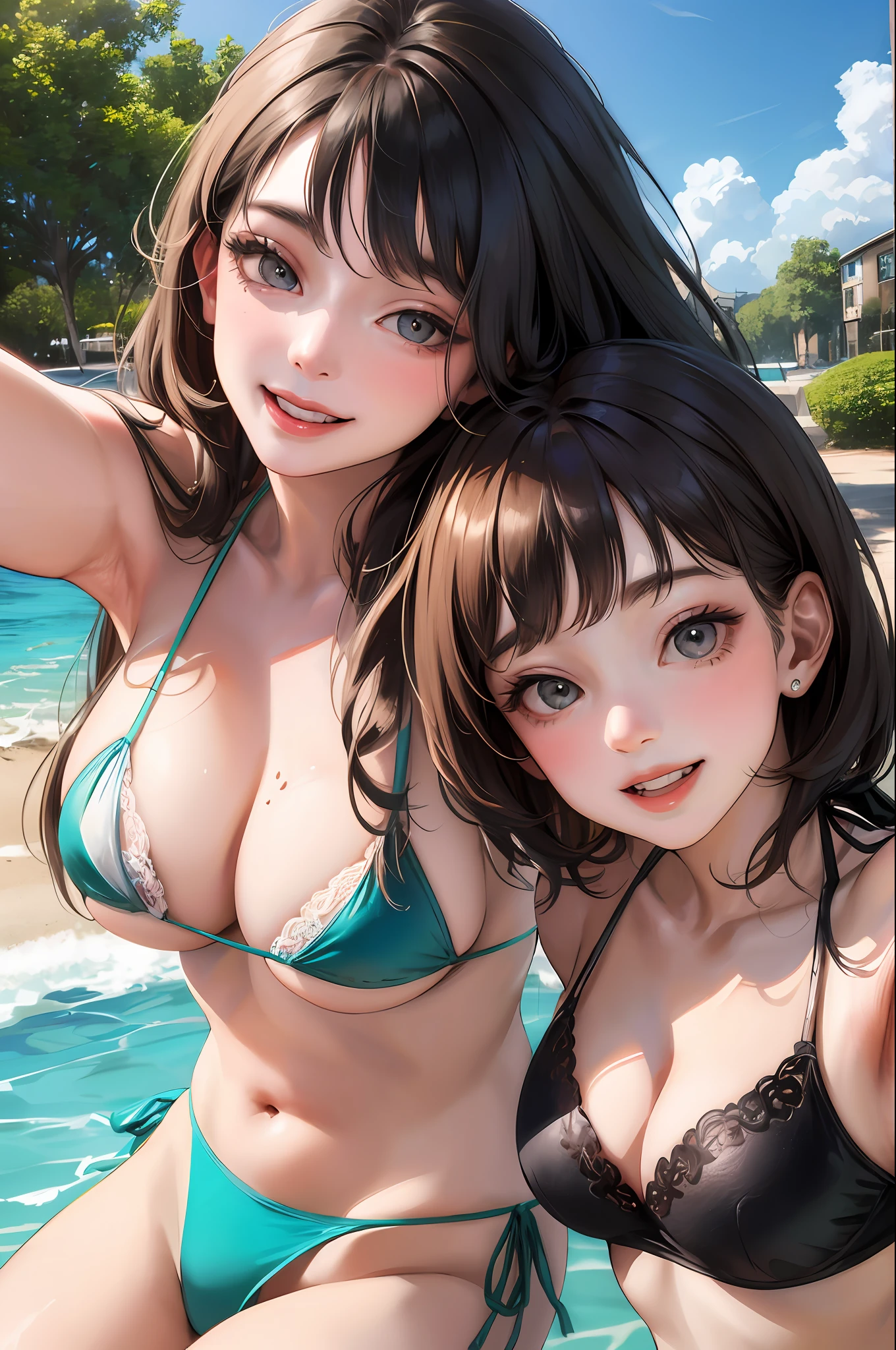 Realistic, 3 15 year old girls take selfie, wearing bikini, big breasts, smiling face