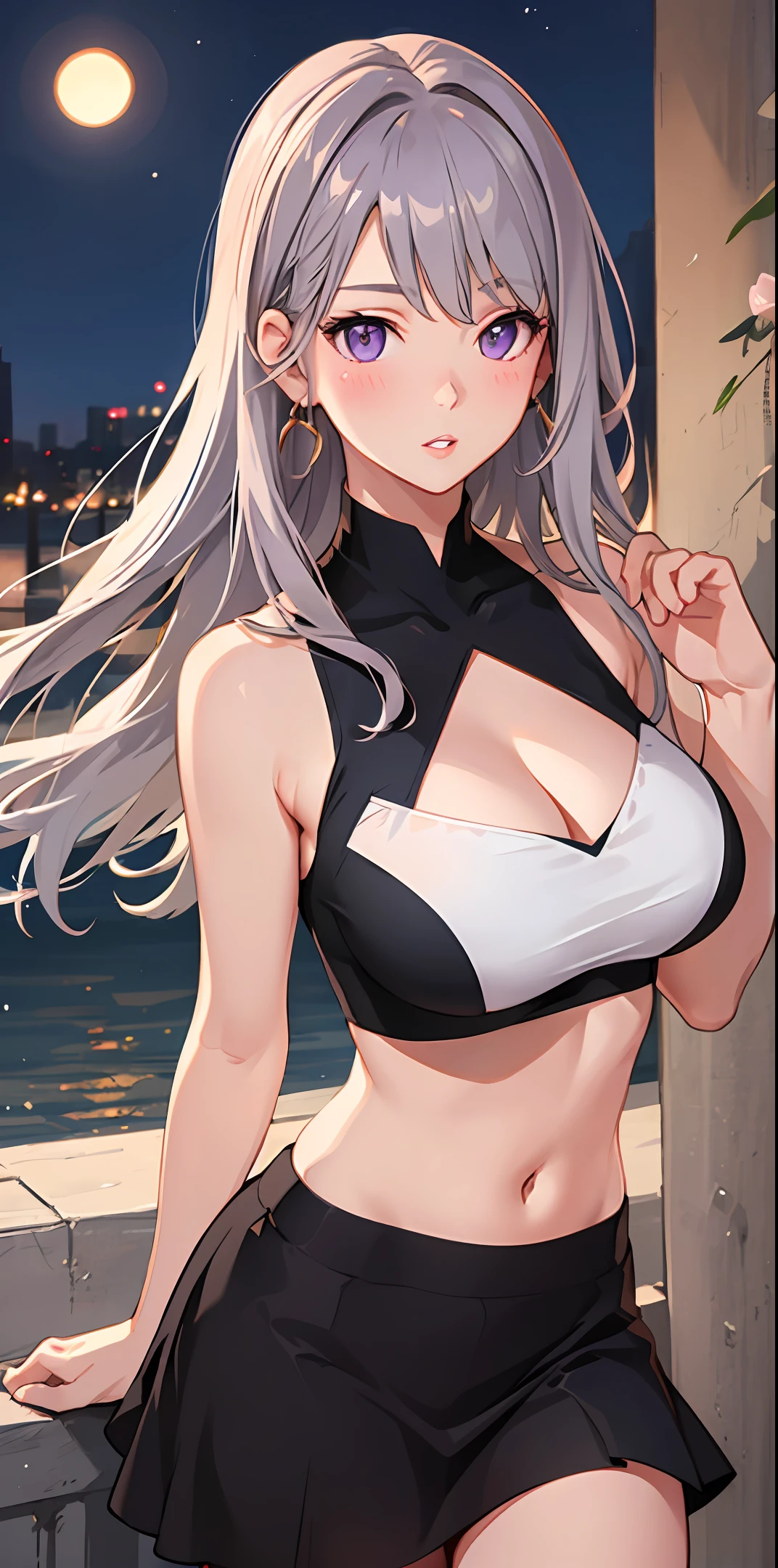 realistic, girl single, gray hair, purple eyes, shining eyes, crop top, skirt, parted lips, blush, night, flower, sun, sunlight, cleavage, big