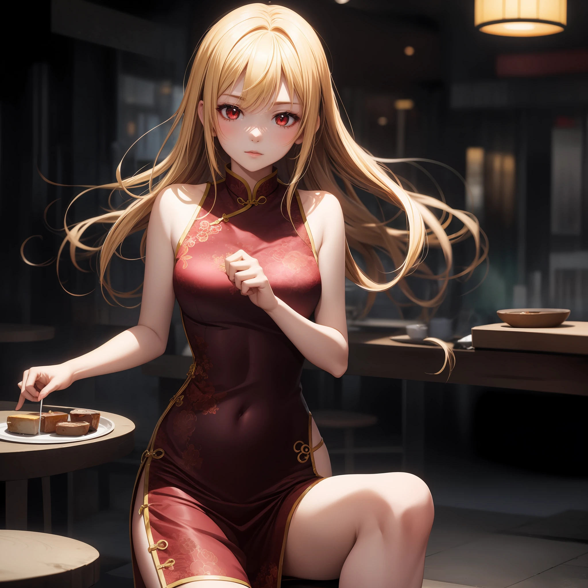 anime, girl single, blonde, red eye, cheongsam, china, solo,