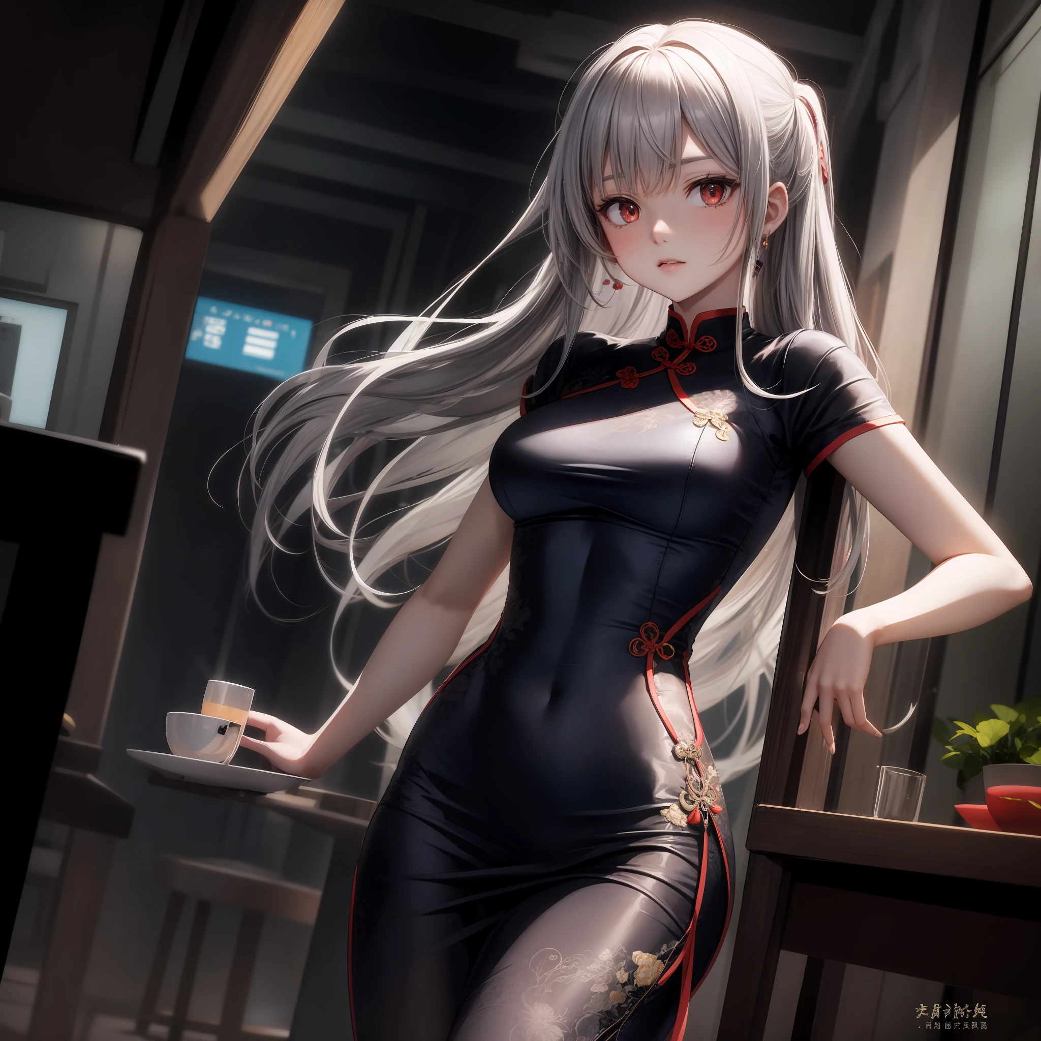 anime, girl single, gray hair, red eye, cheongsam, china, solo,