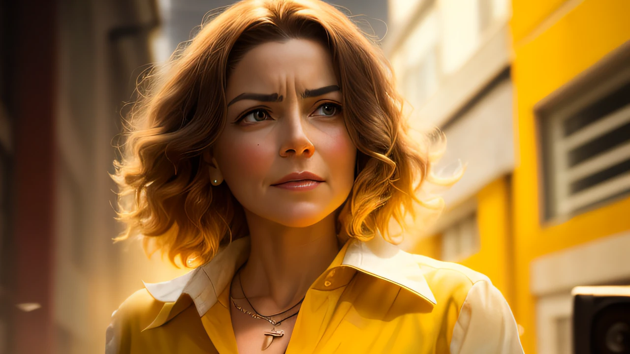 A woman with brown hair, 60 years old, yellow shirt and necklace looks to the side, mixed art, static image of TV series, intense look, happy,