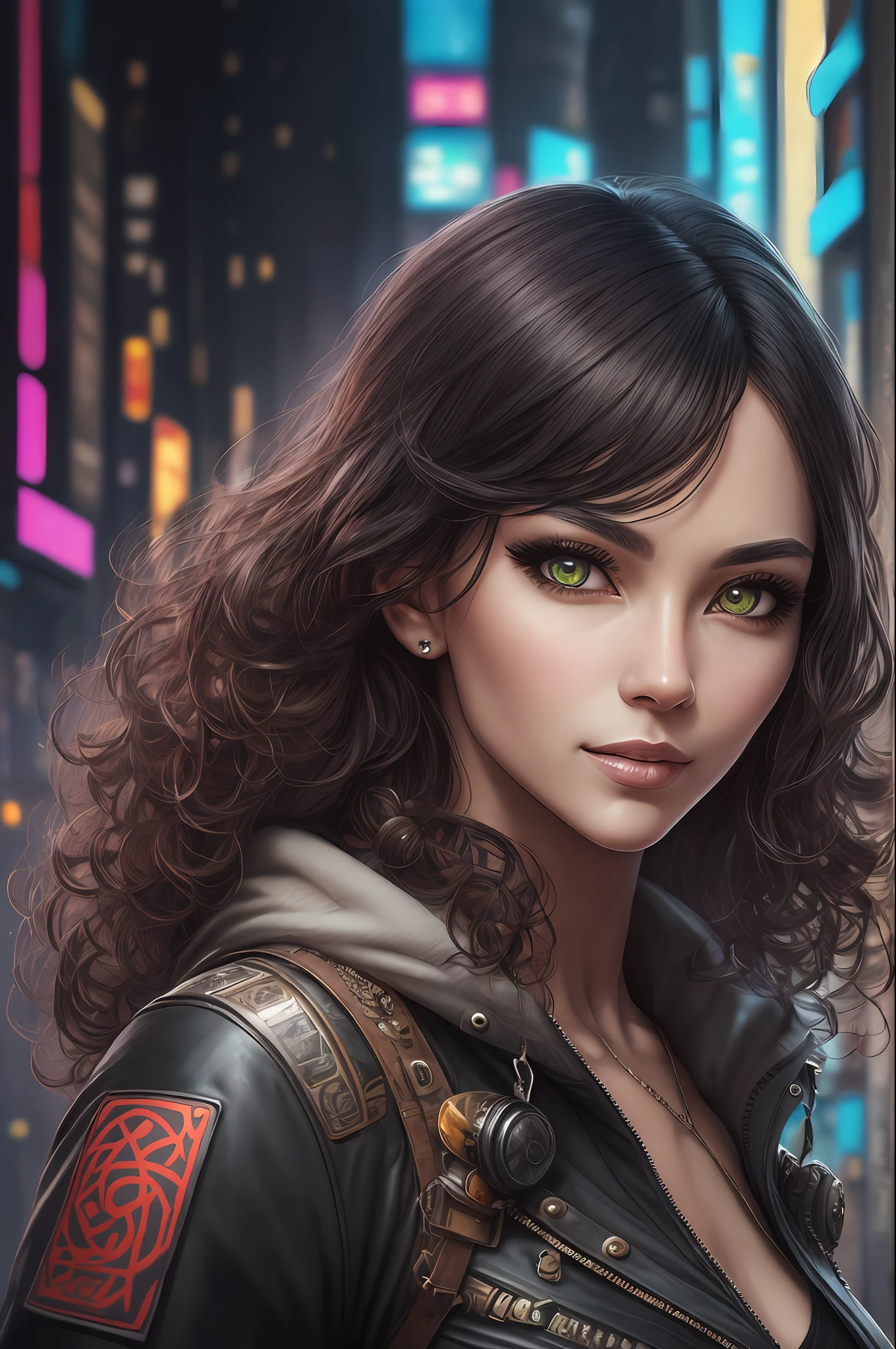 Best quality, masterpiece, realistic drawing, perfect character, cyberpunk, on social networks empowered girl, beautiful well groomed highlighted, 35 years old, with medium curly black hair, confident expression, striking features, unique style, conveying joy strength and individuality, solo masterpiece, highly elaborate details, eye level, scenic masterpiece --auto --s2