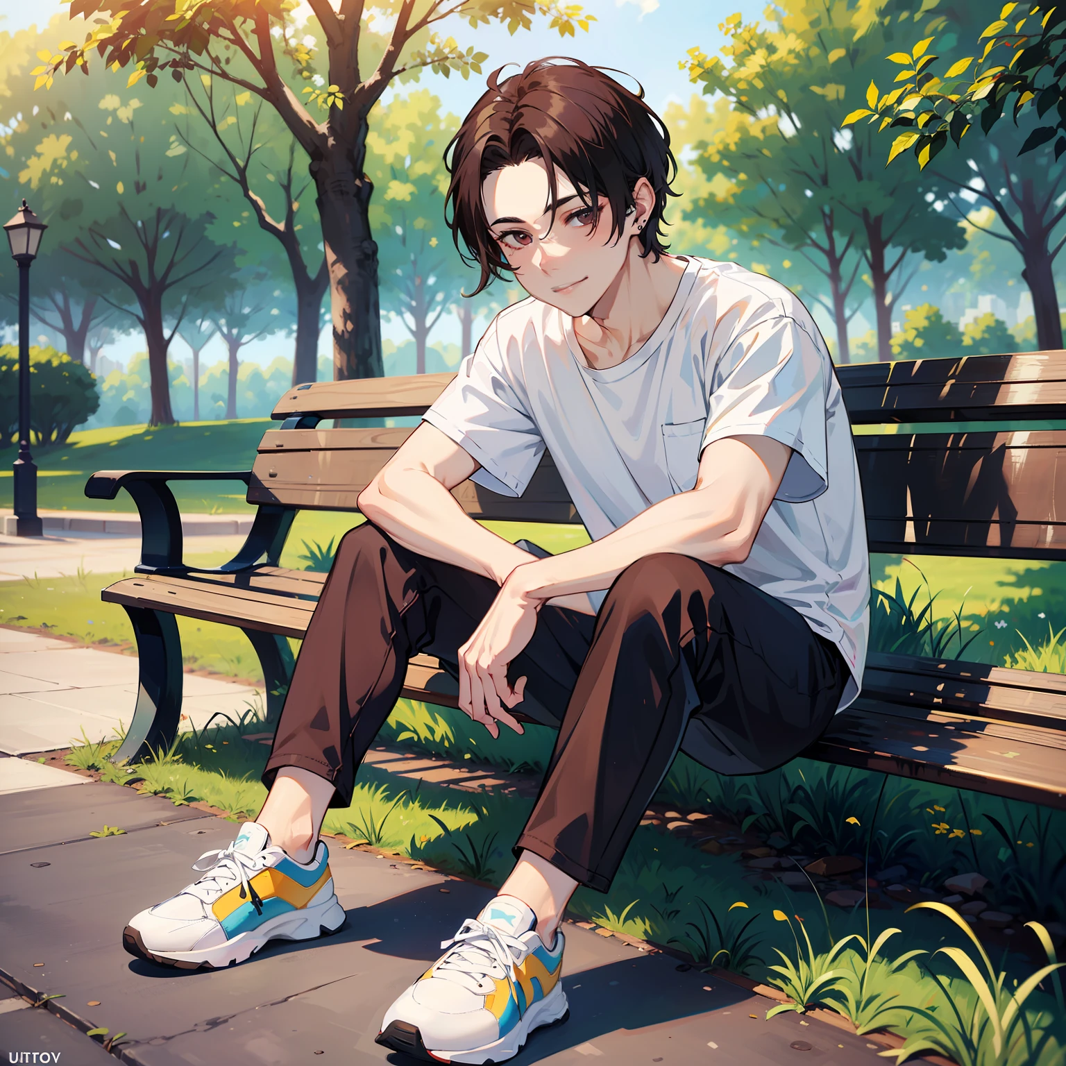 (absurdres, highres, ultra detailed, HDR), masterpiece, best quality, 1boy, solo, handsome, dark brown hair, finely eye and detailed face, forehead, ((loose white t-shirt)), sneaker, (pale and white skin), look at viewer, ear piecing, , smile, sitting on bench, park in background, full body view