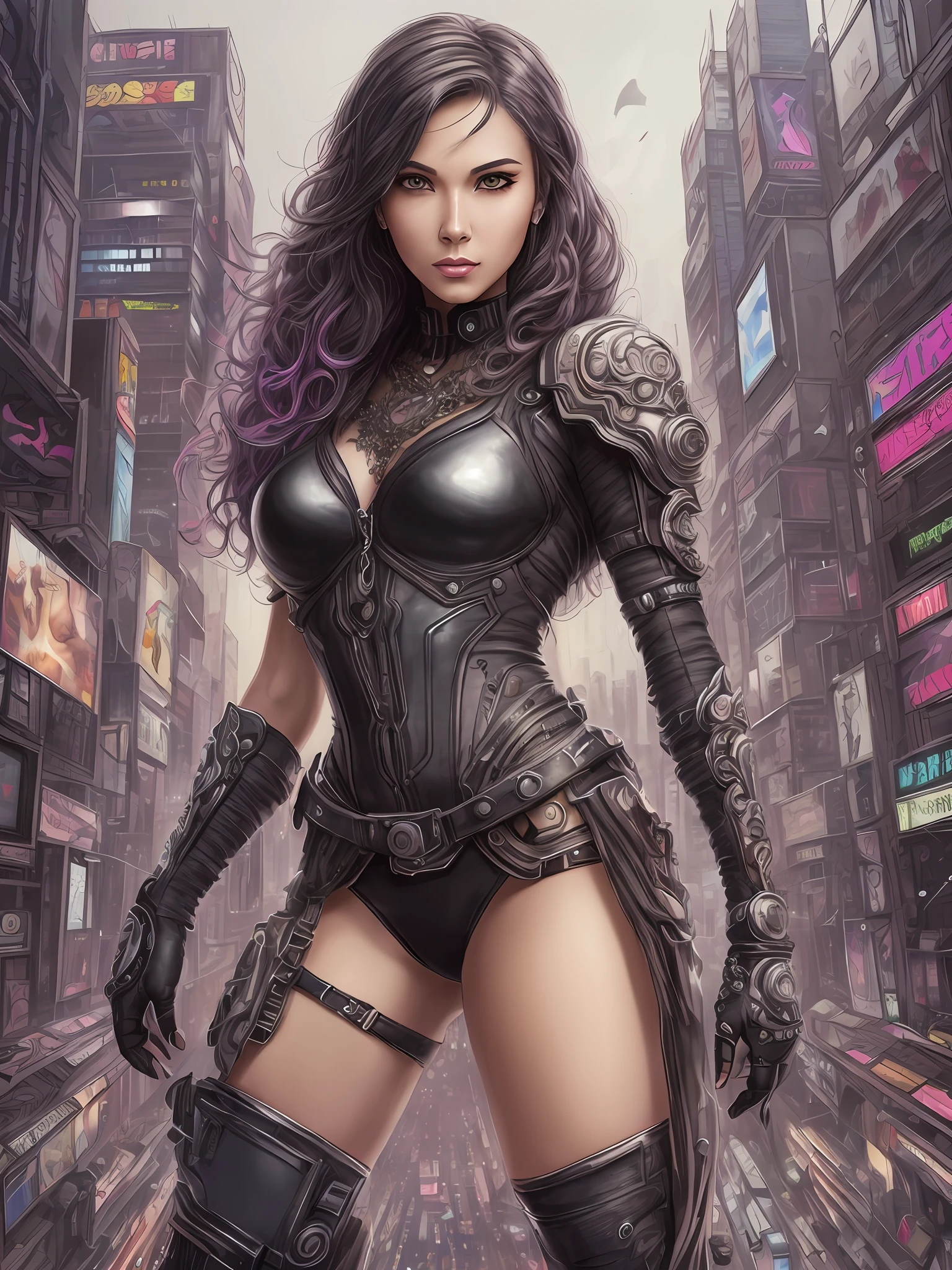 Best quality, masterpiece, realistic drawing, perfect character, cyberpunk, on social networks empowered girl, beautiful well groomed highlighted, 35 years old, with medium curly black hair, confident expression, striking features, unique style, conveying joy strength and individuality, solo masterpiece, highly elaborate details, eye level, scenic masterpiece --auto --s2