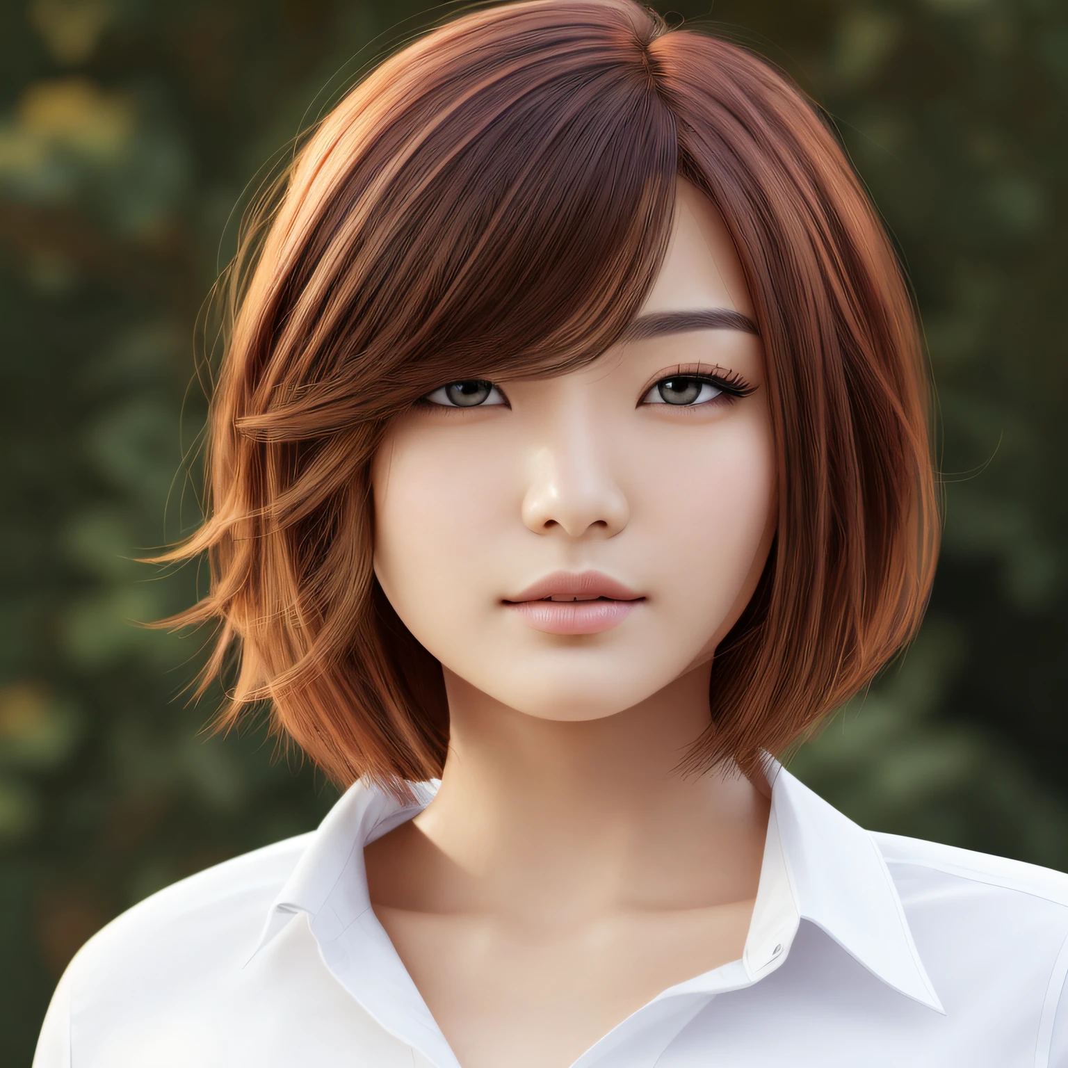 bobcut red hair, photorealistic, photo, (high resolution), (photorealistic: 1.4), (very complex), (exquisitely detailed), highly detailed, high resolution, original, highly detailed 8K wallpaper, top quality, detailed face, super detailed, raw photo, realistic, black hair, Japan person, beautiful woman, realistic model, portrait, look at the front, white shirt button --auto