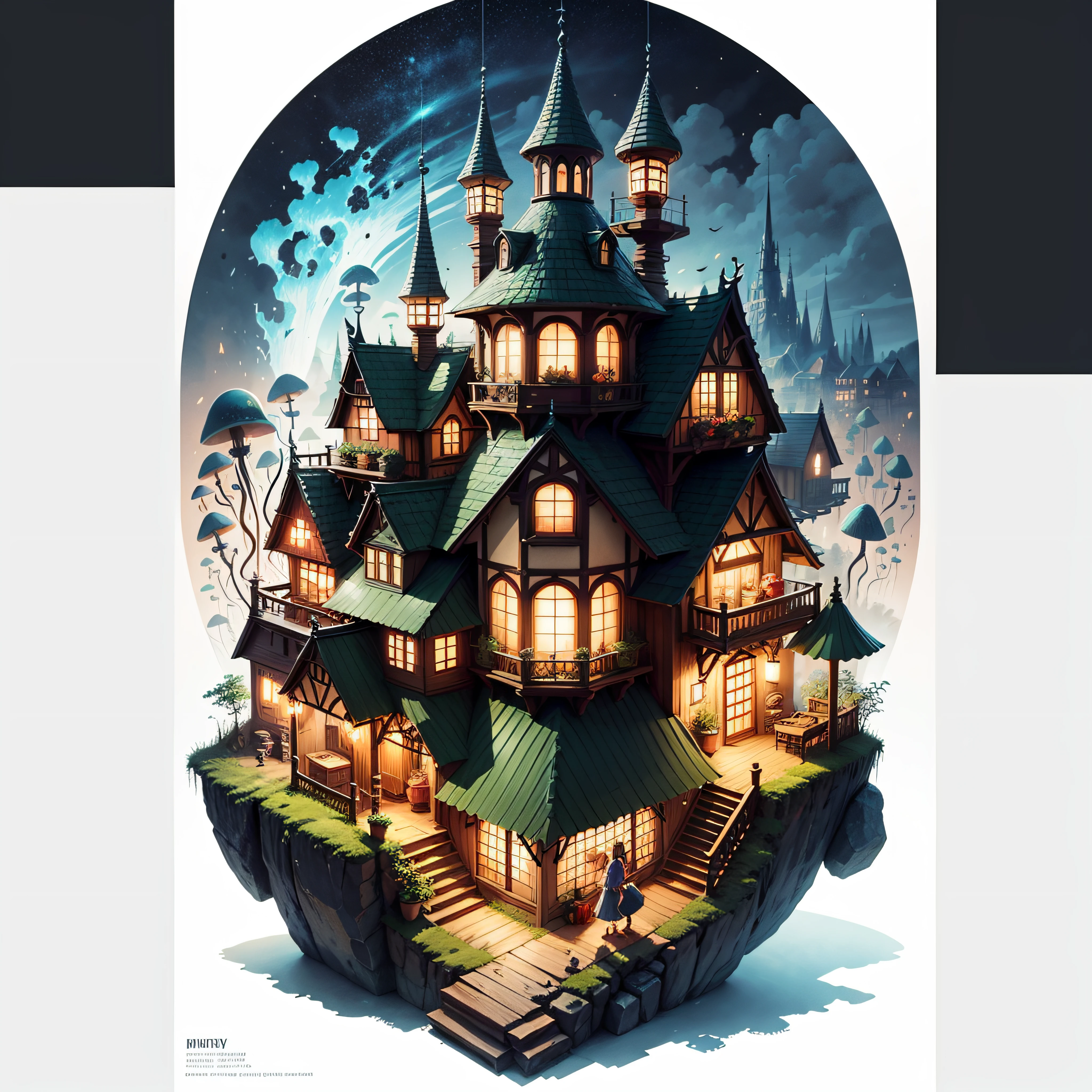 Big Mushroom House, Fairy Tale,Night, Lights, Magic,Realistic illustration,a magical mountain village, concept art, 2d flat vector, Ghibli style, t-shirts design, comic style, charming, fantasy art, watercolor effect, Adobe Illustrator, hand-drawn, zoom out, white background, close to the camera, centered, full body framed in, looking at the camera, approaching perfection, dynamic, highly detailed, smooth, sharp focus, illustration --auto