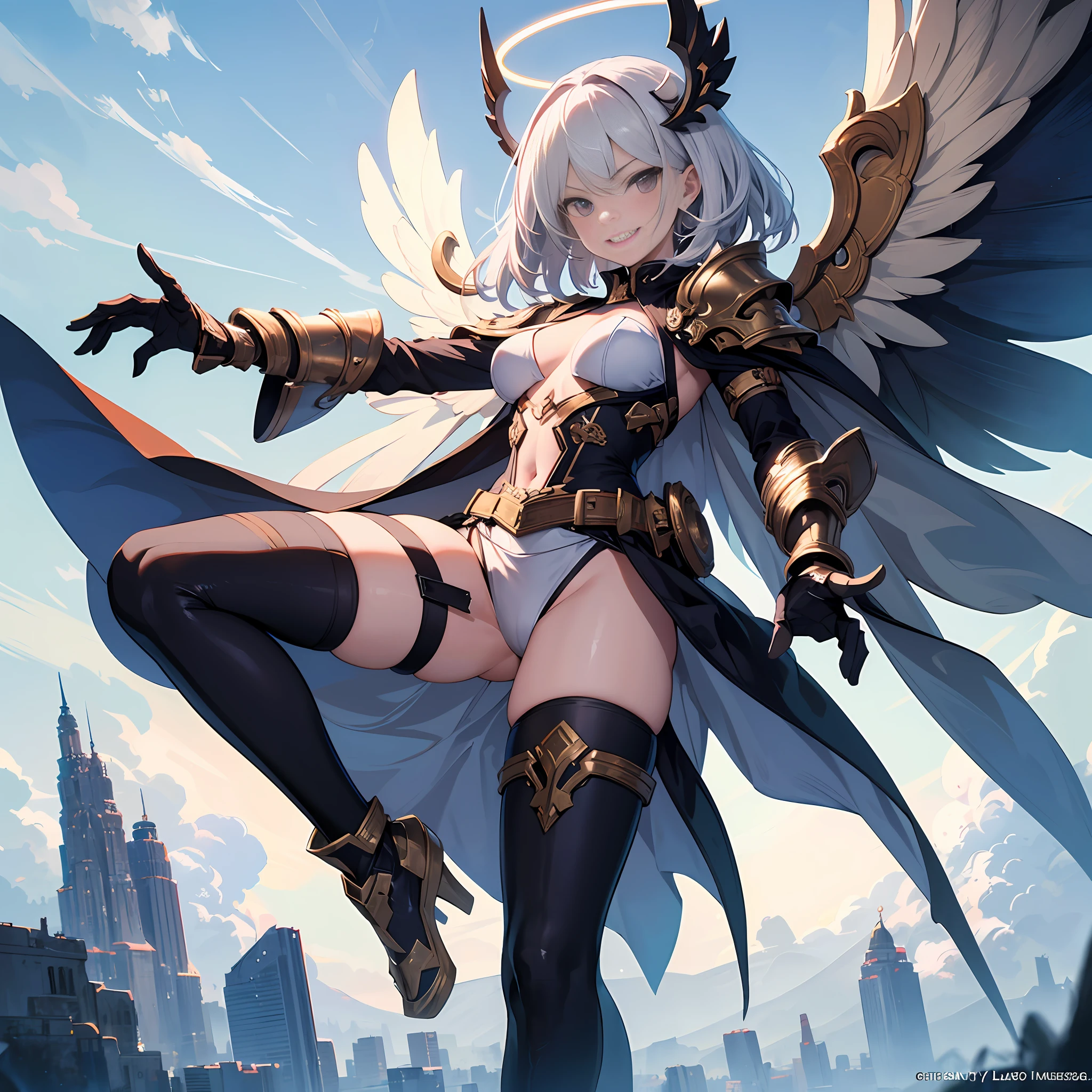 fantasy, 1angel_girl,, loli,medium_bob_hair, long_bangs, halo,bare_shoulder,thighhighs,silver_armor, waist_armor, large_breasts,angry,smile, grin,shiny_teeth,1pair_wings, dynamic_ pose_fighting,floating, bare_crotch, headgear,gauntlet, greaves,city_sky_background,slightly_spread_legs, solo, groin_naked,(masterpiece, best quality, best quality, official art, beautiful and aesthetic:1.2), (1 girl), very detailed,