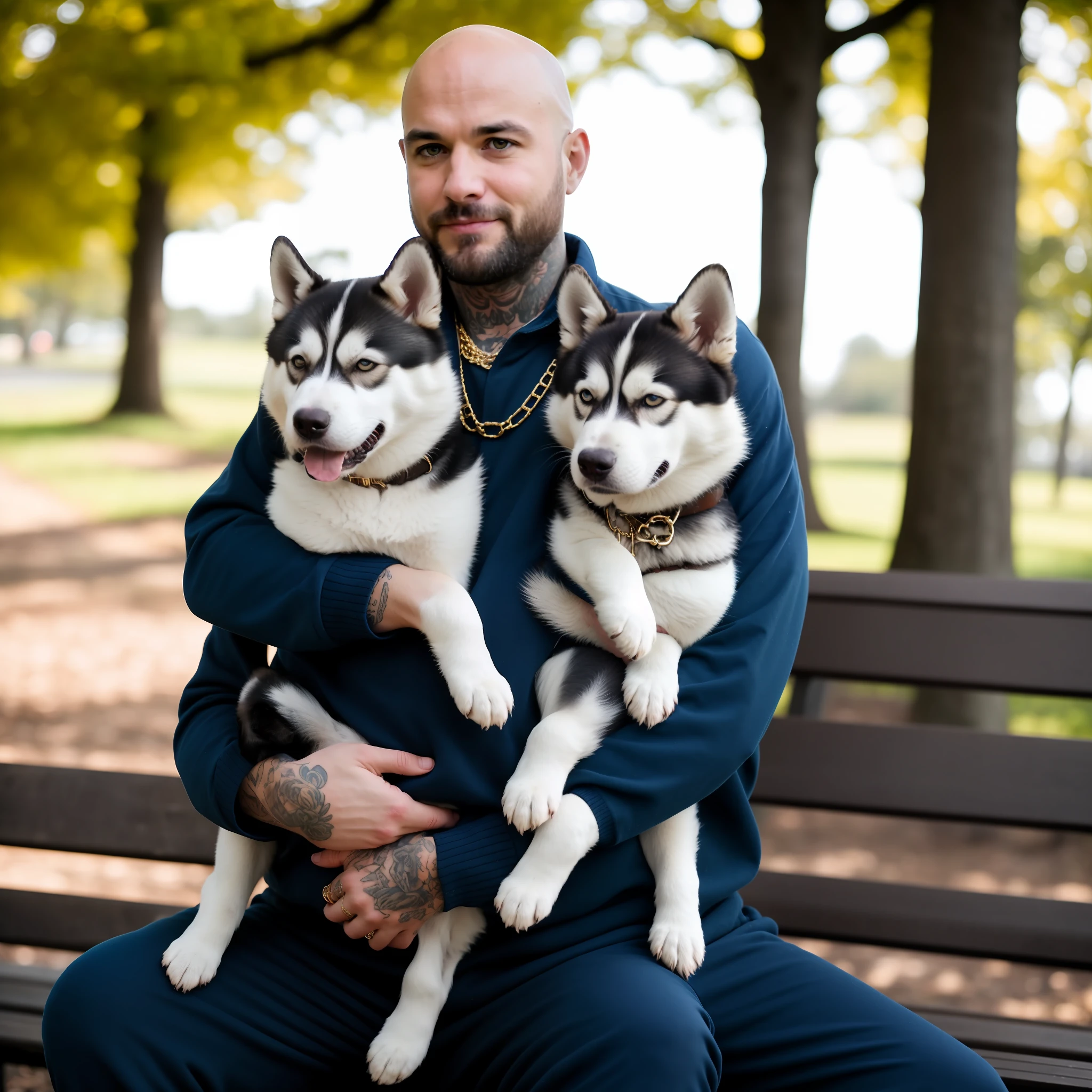 RAW photos, ridiculous, high quality, realistic,
A complete portrait of a European man with a bald head, wearing a gold necklace, fierce eyes, tattoos, sweater, pants, sitting, holding a (husky puppy) in his arms,
outdoor, park, bench, sunlight, 8K UHD, DSLR, film grain, detail, clear focus