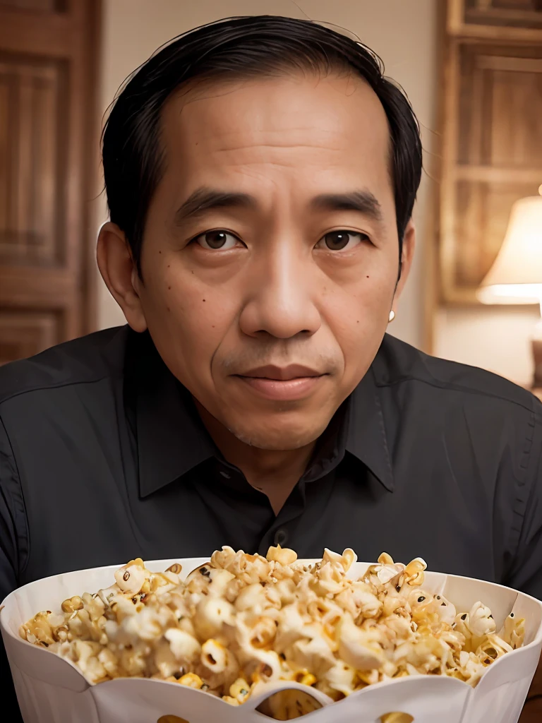 4k, Best quality, masterpiece, ultra high res, beautiful lighting, (realistic, photo-realistic:1.4), realistic background,  jokowi, 1man, 50 years old, eat popcorn