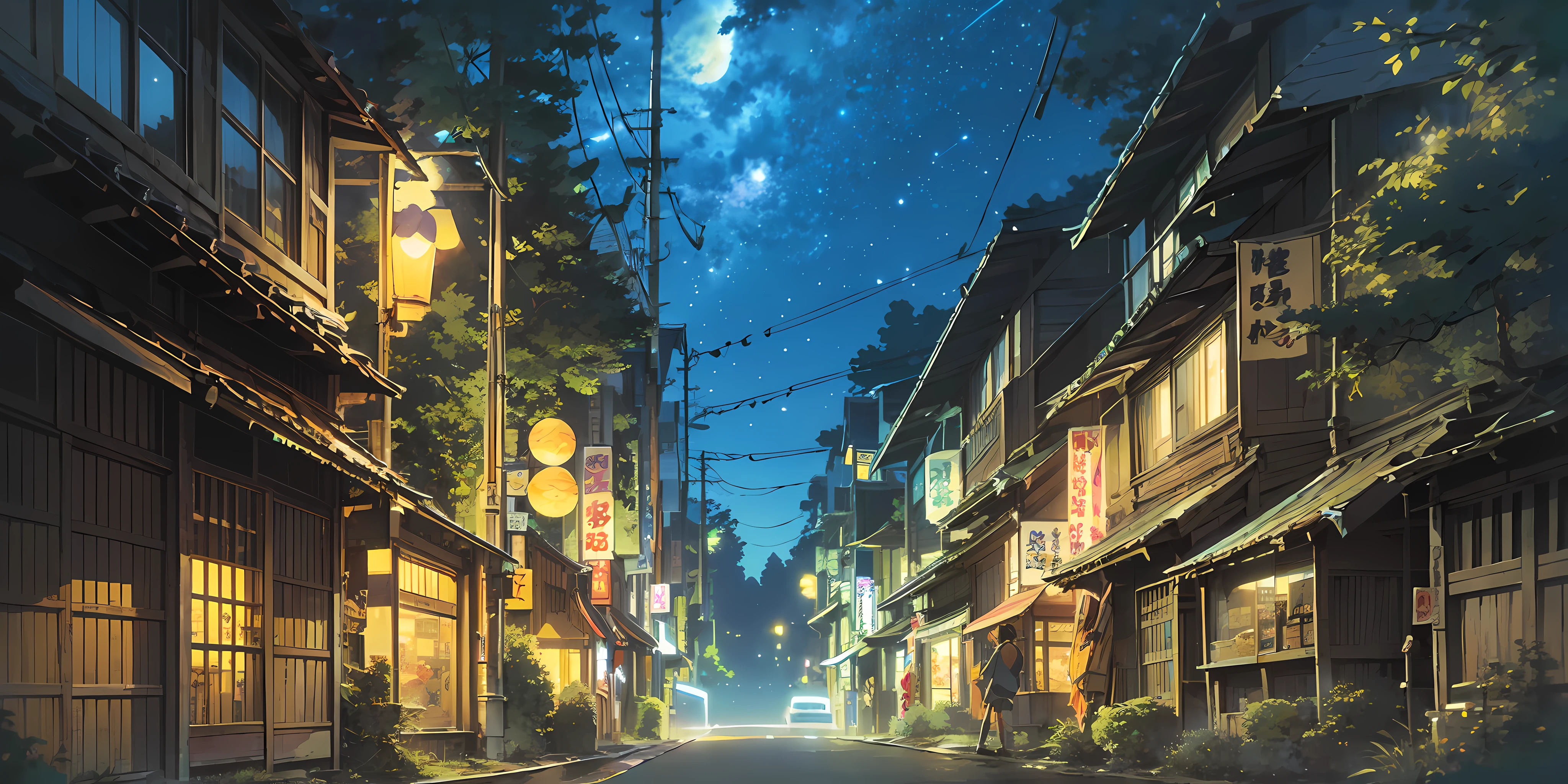 countryside, street lamp, night Japan, night cityscape, Japan city, city night, background night night, night-time city background, anime touch, drawing, starry sky, milky way, bamboo leaves, strips, wishes