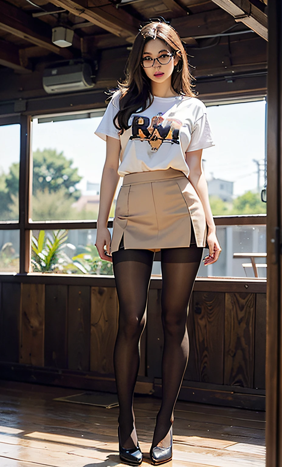 ulzzang-6500-v1.1,(raw photo:1.2), (photorealistic:1.4), beautiful detailed girl, very detailed eyes and face, beautiful detailed eyes, ridiculous, incredibly ridiculous, huge file size, super detailed, high resolution, very detailed, best quality, masterpiece, ((t-shirt)), illustration, very detailed, CG, unified, 8k wallpaper, amazing, fine details, masterpiece, Best quality, very detailed CG uniform 8k wallpaper, face light, movie lighting, 1girl, , long white hair, side split, (big breasts), ((no panties)), (glasses), (dynamic pose), (sexy pose), ((camel toe))), (half), (pantyhose)), ((black hip skirt)), (bent knees))))))
