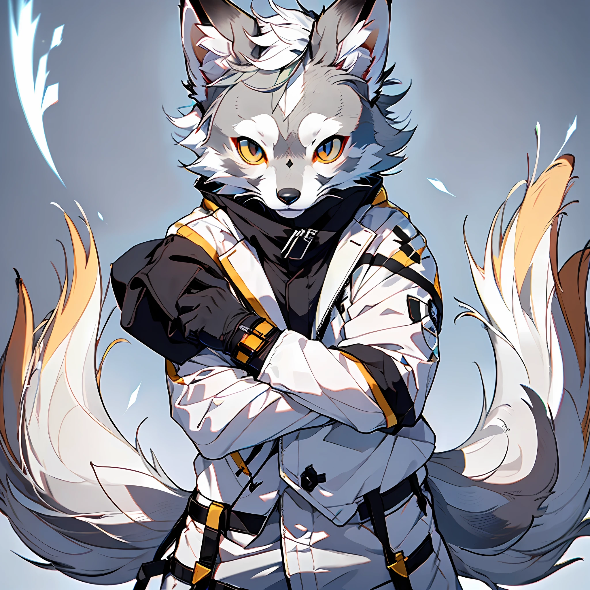 high detail, hyper quality, high resolution, 1080P, solo, furry, (male arctic fox: 1.5), (gray fur: 1.3), gray skin, gray ears, golden eyes, sharp claws, (fluffy tail: 1.2), ((in a white suit)))