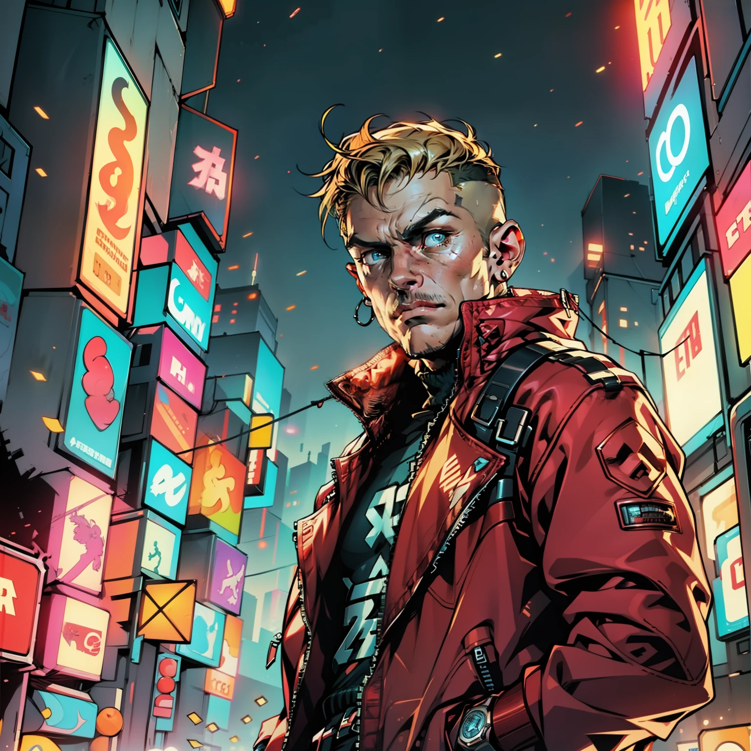 HD, high quality, 4k, middle-aged man, blonde with blue eyes, short haircut, against the background of the night city, in a red jacket with yellow details, cyborg, cyberpunk style, detail