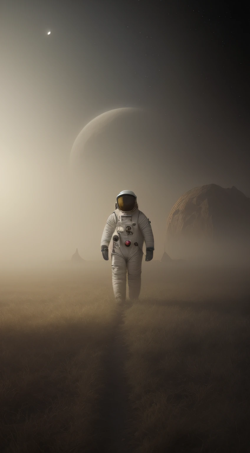 astronaut walking in a field with a moon in the background, lonely astronaut, astronaut stranded on planet, misty space, astronaut lost in liminal space, astronaut walking, dusty space suit, dusty atmosphere, deserted planet, dramatic sci-fi movie still, space sci - fi, fog and dust, by jessica rossier, creepy astronaut, frank moth, futuristic astronaut