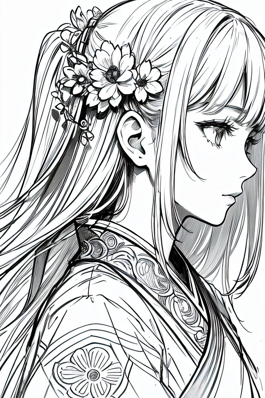 masterpiece, acura, 1girl, solo, hanfu, long hair, profile close-up, flower line drawing background, white background, monochrome, line drawing, ((sketch))