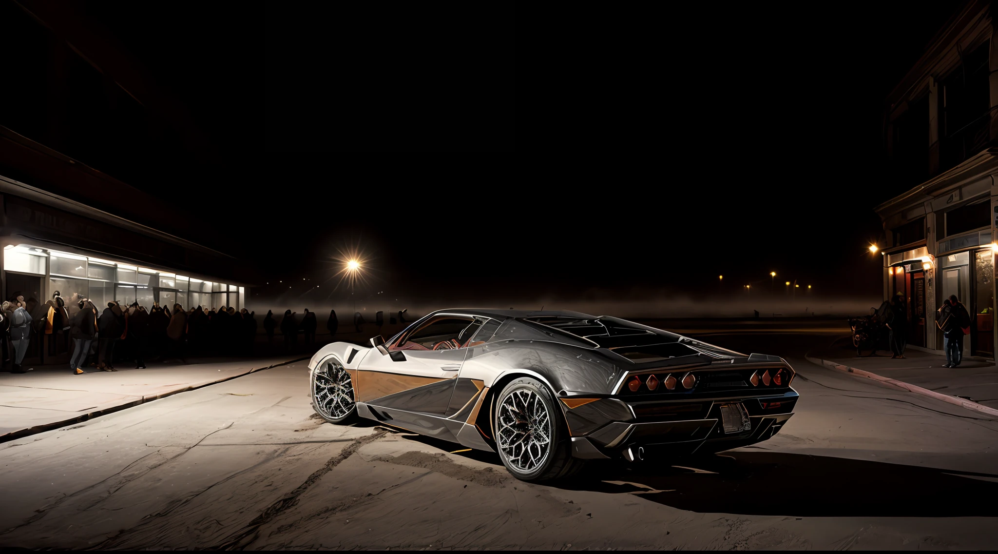 Grim photo of a ((Lamborghini stubborn)), three-quarter view, (sandy streets of New York City (at night)), speeding, motion blur, vandalized buildings, graffiti, sports photography, ((night)), horror, midnight, high detail, sharp focus, (photorealism), realistic, best quality, 8k, award-winning, dramatic lighting, epic, cinematic, masterpiece, tire light, (ambient fog: 1.3), volumetric lights: 0.7, Dutch angle, depth of field,