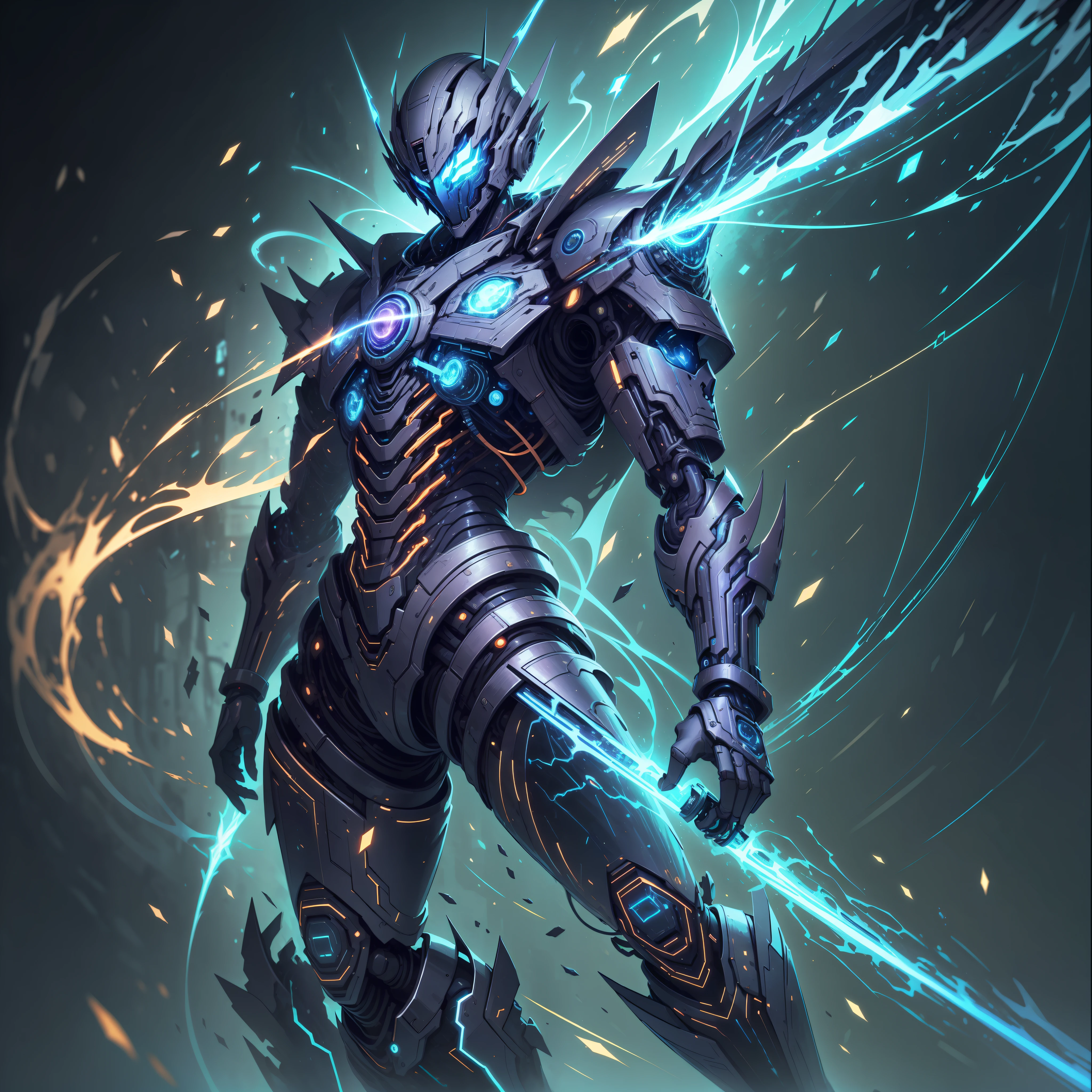 Blue Ghost Hunter, Super Cool Ghost Killer, Wearing Blue Mechanical Armor, Lightning Surrounding, Katana Held, Standing Frontal, Perfect Body Proportions, Super Detail, Realistic, Shiny, Reflective, Bioluminescent, Galactic Cybernetic Mask, Mecha, (Executioner: 1.2), Cape, SH4G0D, GlowingRunes_red, Full Body, Movie, Dark Background, Backlight, High Contrast,