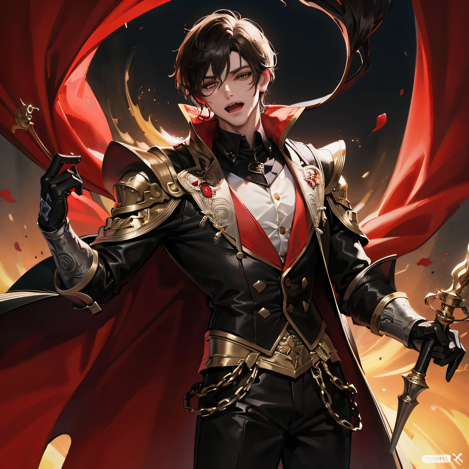 Absurd, high resolution, super detailed), 1 male, adult, handsome, tall muscular man, broad shoulders, black suit, scarlet eyes and delicate face, black hair, fantasy, vampire, fangs, fangs