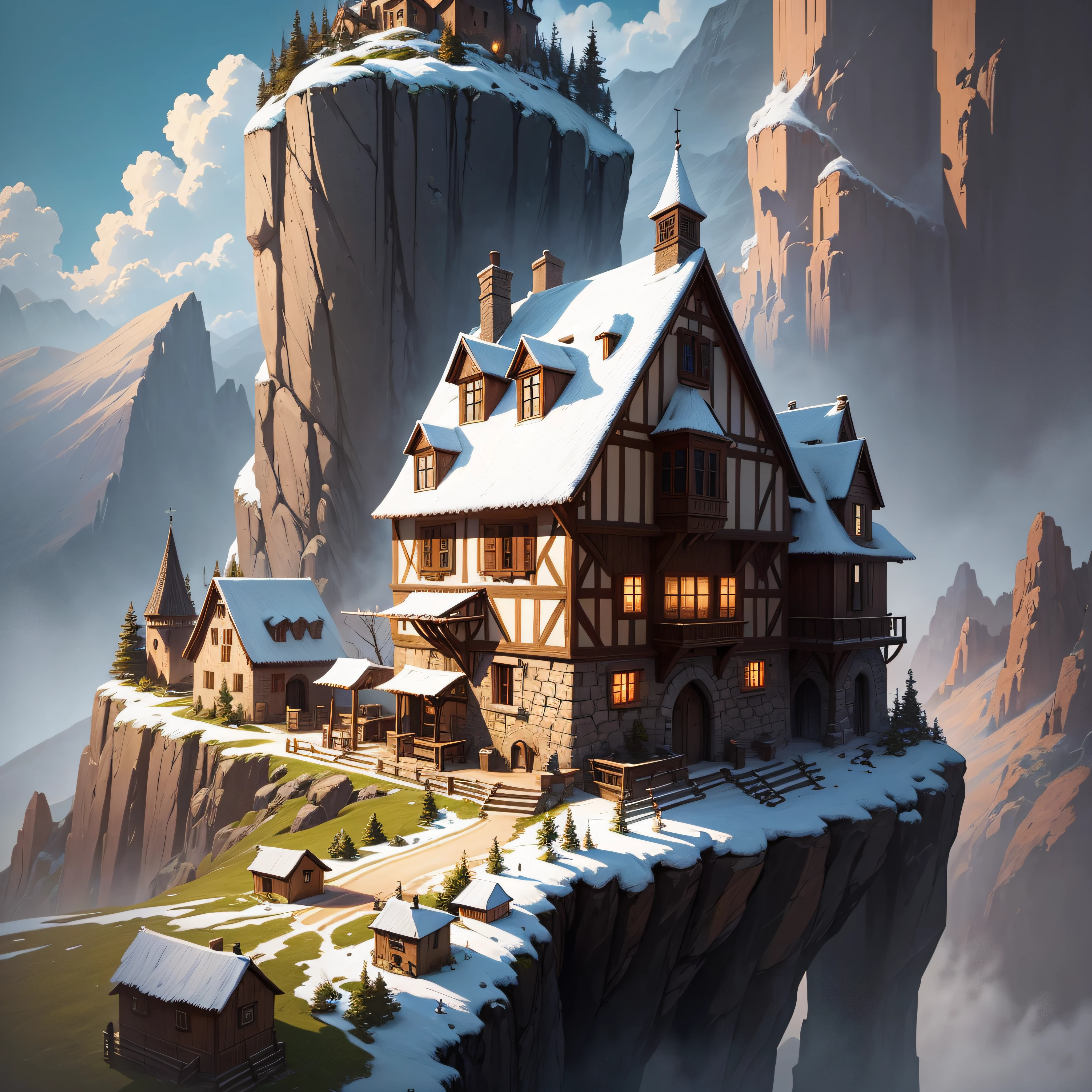 Big Mushroom House, Fairy Tale，Night, Lights, Magic，Realistic illustration，a magical mountain village, concept art, 2d flat vector, Ghibli style, t-shirts design, comic style, charming, fantasy art, watercolor effect, Adobe Illustrator, hand-drawn, zoom out, white background, close to the camera, centered, full body framed in, looking at the camera, approaching perfection, dynamic, highly detailed, smooth, sharp focus, illustration --auto