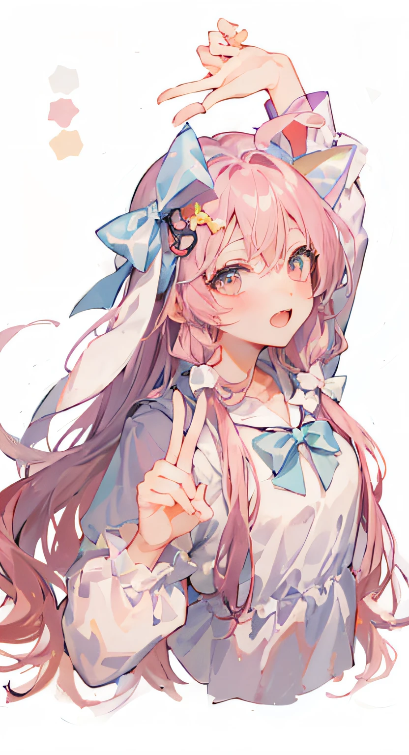 anime girl with long pink hair and a bow on her head, with index finger, with bunny ears, with big rabbit ears, with long floppy rabbit ears, rabbit ears, pink twintail hair and cyan eyes, cute anime girl, cute anime girl portraits, shirabii, (anime girl), anime girl with cat ears, anime visual of a cute girl