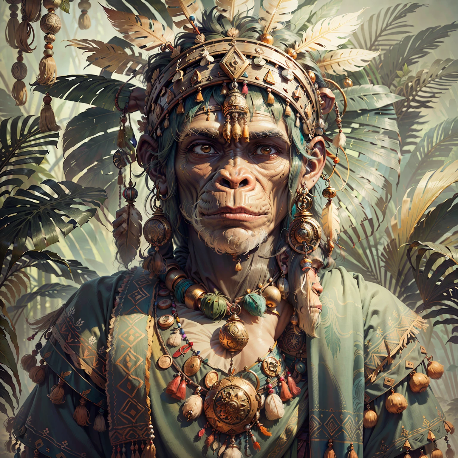 Chimpanzee ((Indian Shaman)),,((meditative state),,Shaman, elegant chimpanzee, hair with details, with Indian headdress on head, ((meditating)) many colorful feathers, colorful feathers, facing the camera, detail: dense tropical foliage, highly detailed intricate, ((masterpiece)), ultra hyperrealistic, masterpiece