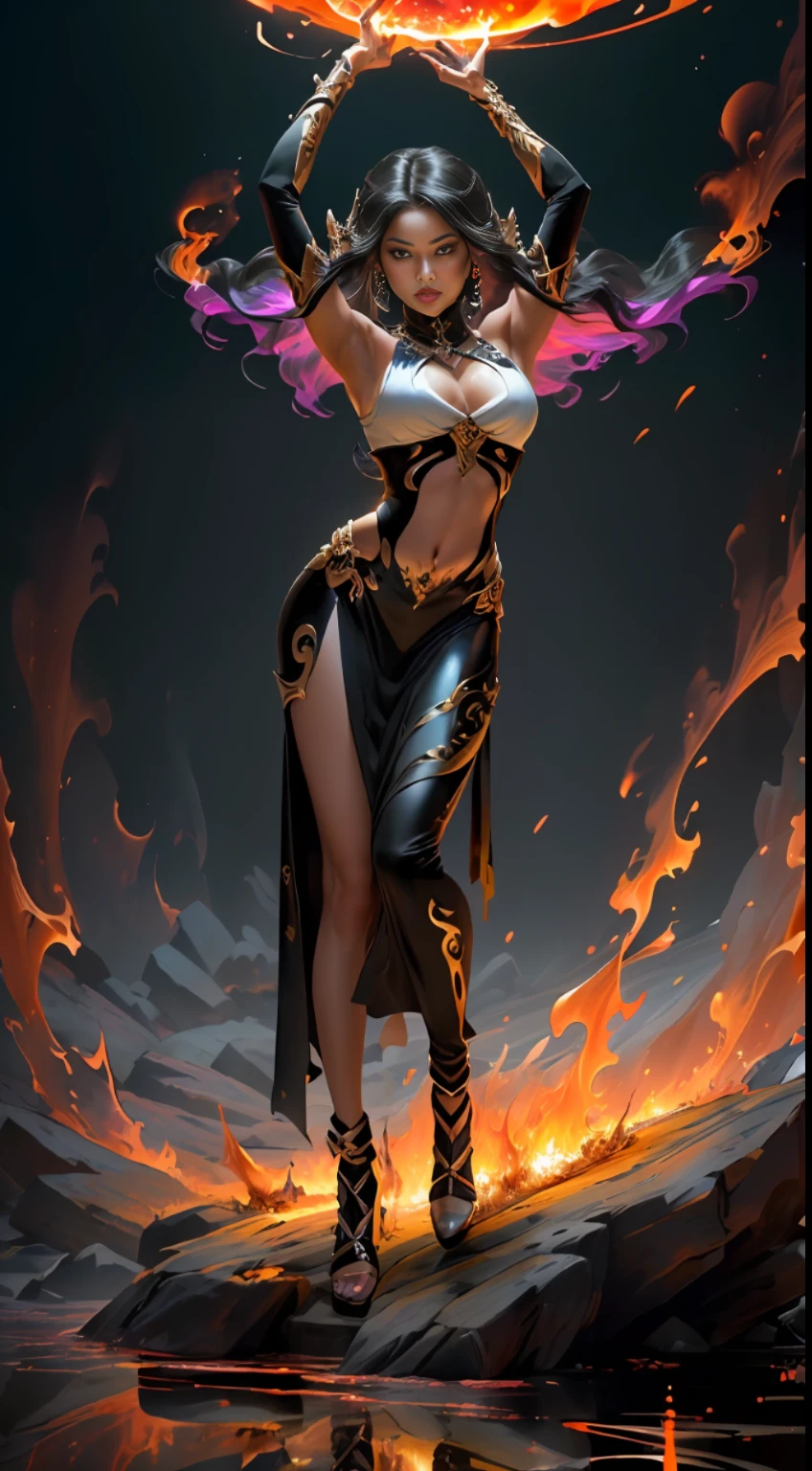 (((Masterpiece))), (((UHD))), (((Textured skin))), (((Super detail))), (((High details))), (((High quality))) (((full body view)), Describe a majestic Dark Elf, with textured skin in ebony tones, as she summons a colossal magic of fire. Her eyes shine brightly in a golden hue, reflecting the power she channels. Her silky black hair dances around her as blazing flames rise in spirals around her. The fire magic she summons is impressive in its intensity and detail. The flames dance and crackle with a vibrant color palette, ranging from reds, oranges and yellows, creating a visually stunning scene. The graphic details are meticulously rendered, from the intricate patterns on the Elf's clothes to the subtle outlines of smoke and embers floating in the air. Every detail is carefully crafted to provide an immersive and immersive visual experience. This high-quality, high-resolution image ((("Retina"))), with skin textures and visual elements (((super detail))), captures the moment when the Dark Elf channels all of her power, conveying a sense of power and mystery. The high-resolution scene (("Highres"))) provides an impressive view of this colossal fire magic, making the viewer feel enveloped by the intensity and dazzling beauty of this powerful elf. (((Hyperrealism style))).