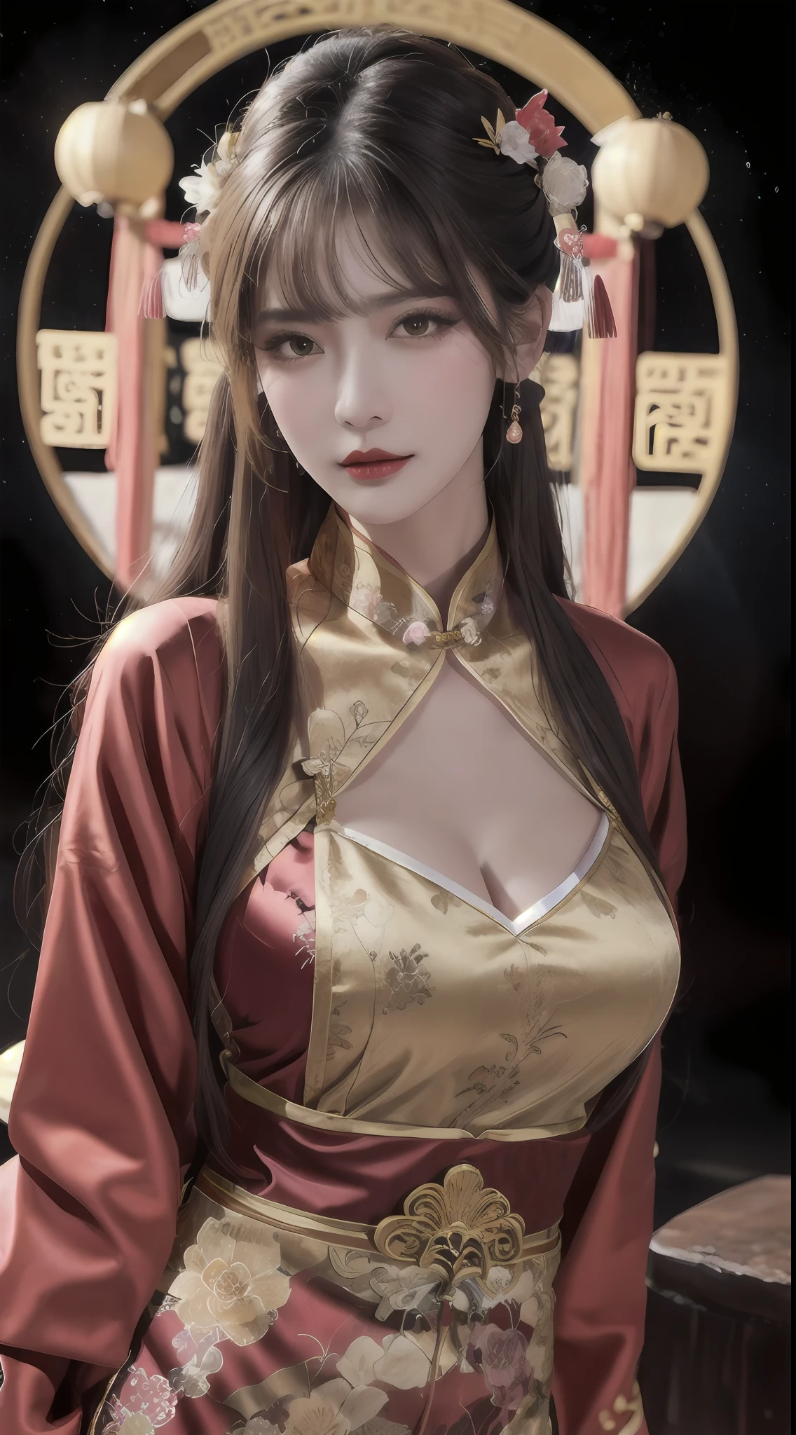 Woman wearing red and gold dress, flower background, palace, hanfu girl, wearing red cheongsam, chinese style, with ancient chinese costume, wearing ancient chinese costume, traditional beauty, Chinese Traditional, chinese girl, cheongsam, chinese costume, chinese princess, hanfu, chinese traditional clothing, chinese costume, 1 27-year-old girl, 1 zodiac goddess from the future, goddess of the pink and purple 12 zodiacs, the goddess of the zodiac in a yellow ao dai, a 12 zodiac ao dai with many black lace detail, mythology Goddess of the 12 zodiacs from the future, zodiac ♏, luxurious glittering zodiac style, dark and mysterious version, zodiac crown, lipstick lips red, thin and beautiful lips, mouth closed, characters made by karol bak and pino daeni, intricate detail, detailed background, extremely detailed, light magic, a woman, clear face, hair long with bangs, beautiful face in detail and well-proportioned eyes, (transparent yellow eyes: 1.8), big round eyes and very beautiful and detailed makeup, foresight, silk dress, mysterious makeup , double bangs and dyed light blonde , upper half portrait, zodiac goddess portrait, arms hanging loosely, Realistic and vivid photo, (stars make up the zodiac: 1.7), (sky background zodiac and fictitious space and time portal: 1.8), fiction art, RAW photo, hanfu picture, best photo, best photo quality, 8k quality, 8k ultra, super realistic, real photo most economical, the goddess poses sexy and seductive,