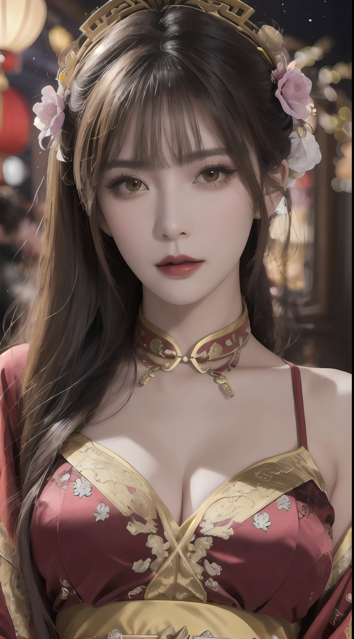Woman wearing red and gold dress, flower background, palace, hanfu girl, wearing red cheongsam, chinese style, with ancient chinese costume, wearing ancient chinese costume, traditional beauty, Chinese Traditional, chinese girl, cheongsam, chinese costume, chinese princess, hanfu, chinese traditional clothing, chinese costume, 1 27-year-old girl, 1 zodiac goddess from the future, goddess of the pink and purple 12 zodiacs, the goddess of the zodiac in a yellow ao dai, a 12 zodiac ao dai with many black lace detail, mythology Goddess of the 12 zodiacs from the future, zodiac ♏, luxurious glittering zodiac style, dark and mysterious version, zodiac crown, lipstick lips red, thin and beautiful lips, mouth closed, characters made by karol bak and pino daeni, intricate detail, detailed background, extremely detailed, light magic, a woman, clear face, hair long with bangs, beautiful face in detail and well-proportioned eyes, (transparent yellow eyes: 1.8), big round eyes and very beautiful and detailed makeup, foresight, silk dress, mysterious makeup , double bangs and dyed light blonde , upper half portrait, zodiac goddess portrait, arms hanging loosely, Realistic and vivid photo, (stars make up the zodiac: 1.7), (sky background zodiac and fictitious space and time portal: 1.8), fiction art, RAW photo, hanfu picture, best photo, best photo quality, 8k quality, 8k ultra, super realistic, real photo most economical, the goddess poses sexy and seductive,