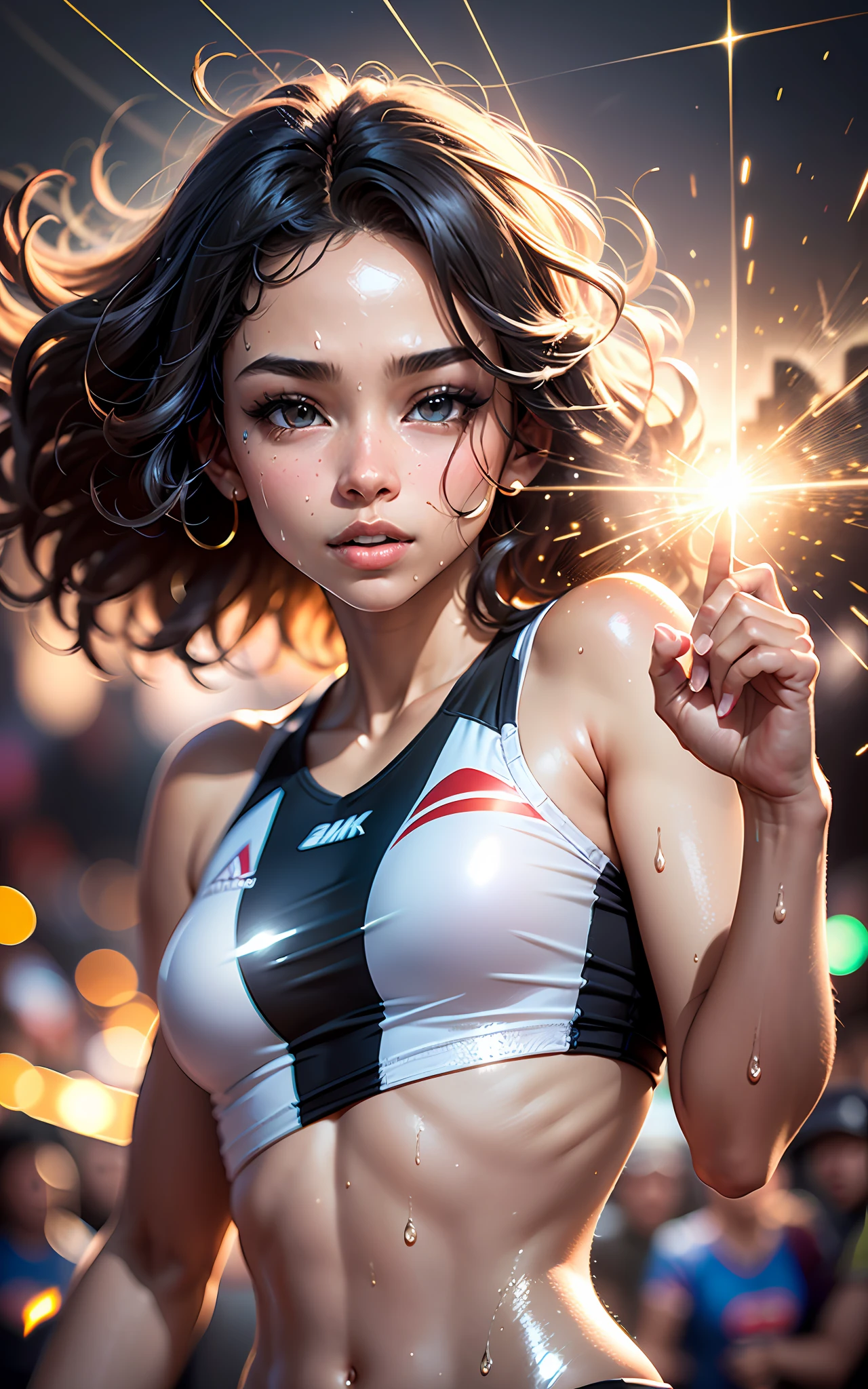 (award winning 64k concept art:1.2) of (black young woman:1.2) in usa team sportswear at the stadium, sweet, throwing a fireball, front, epic, god rays, (sweat:1.3), centered, upper body, (masterpiece:1.2), (best quality:1.3), Amazing, highly detailed, beautiful, finely detailed, warm soft color grading, (Depth of field:1.4), extremely detailed 64k, fine art, stunning, iridescent, (shiny:1.4), (light reflections:1.3), (crisp:1.6), silver short curls, spring, vibrant, sunlit, (edge detection:1.4), absurdres, impressive, 120mm, glittering, extremely clear, lens flare, motion lines