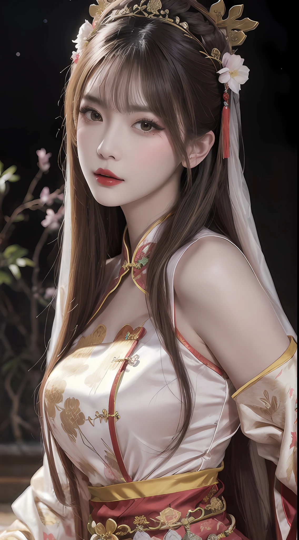 Woman wearing red and gold dress, flower background, palace, hanfu girl, wearing red cheongsam, chinese style, with ancient chinese costume, wearing ancient chinese costume, traditional beauty, Chinese Traditional, chinese girl, cheongsam, chinese costume, chinese princess, hanfu, chinese traditional clothing, chinese costume, 1 27-year-old girl, 1 zodiac goddess from the future, goddess of the pink and purple 12 zodiacs, the goddess of the zodiac in a yellow ao dai, a 12 zodiac ao dai with many black lace detail, mythology Goddess of the 12 zodiacs from the future, zodiac ♏, luxurious glittering zodiac style, dark and mysterious version, zodiac crown, lipstick lips red, thin and beautiful lips, mouth closed, characters made by karol bak and pino daeni, intricate detail, detailed background, extremely detailed, light magic, a woman, clear face, hair long with bangs, beautiful face in detail and well-proportioned eyes, (transparent yellow eyes: 1.8), big round eyes and very beautiful and detailed makeup, foresight, silk dress, mysterious makeup , double bangs and dyed light blonde , upper half portrait, zodiac goddess portrait, arms hanging loosely, Realistic and vivid photo, (stars make up the zodiac: 1.7), (sky background zodiac and fictitious space and time portal: 1.8), fiction art, RAW photo, hanfu picture, best photo, best photo quality, 8k quality, 8k ultra, super realistic, real photo most economical, the goddess poses sexy and seductive,