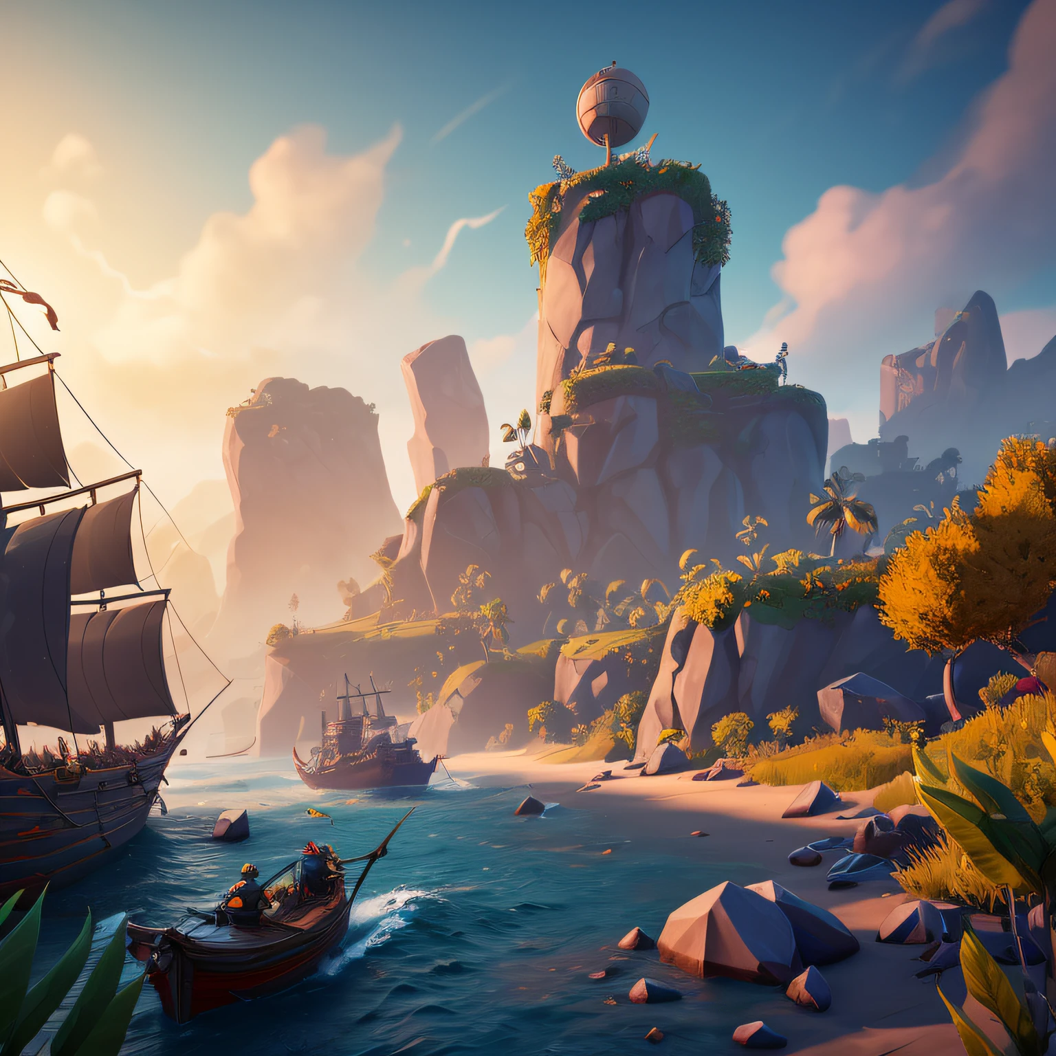 sea of thieves, 3d videogame character and environment, digital art, trending on artstation, rendered in unreal engine 5, 4k UHD image, octane render, vlumetric lighting, intricate, concept art. Trending on artstation. by Gediminas Pranckevicius, by --auto